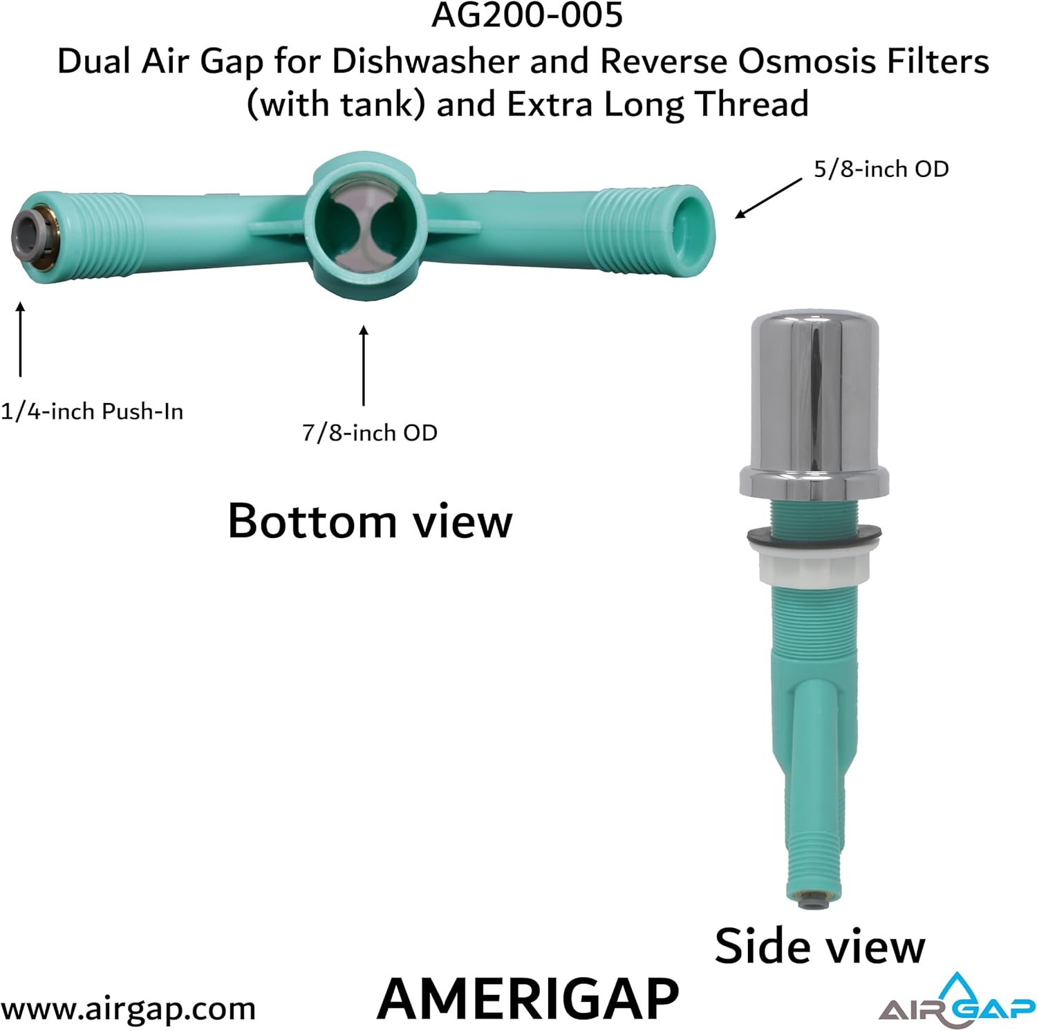 Dual Air Gap for Dishwasher and Reverse Osmosis Filters (with tank) and Extra Long Thread (AG200-005, AG200-002, T52 RO KIT, AMERIGAP)