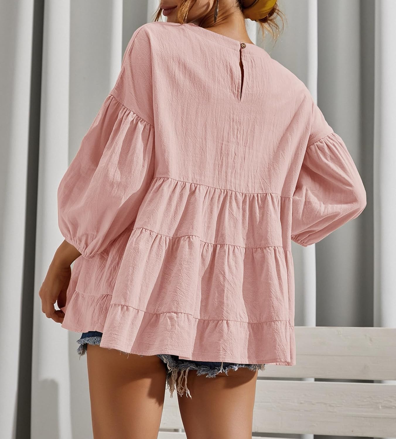 Women's Peplum Tops 3/4 Lantern Sleeve Crewneck Loose Babydoll Shirt Blouse - Image 4
