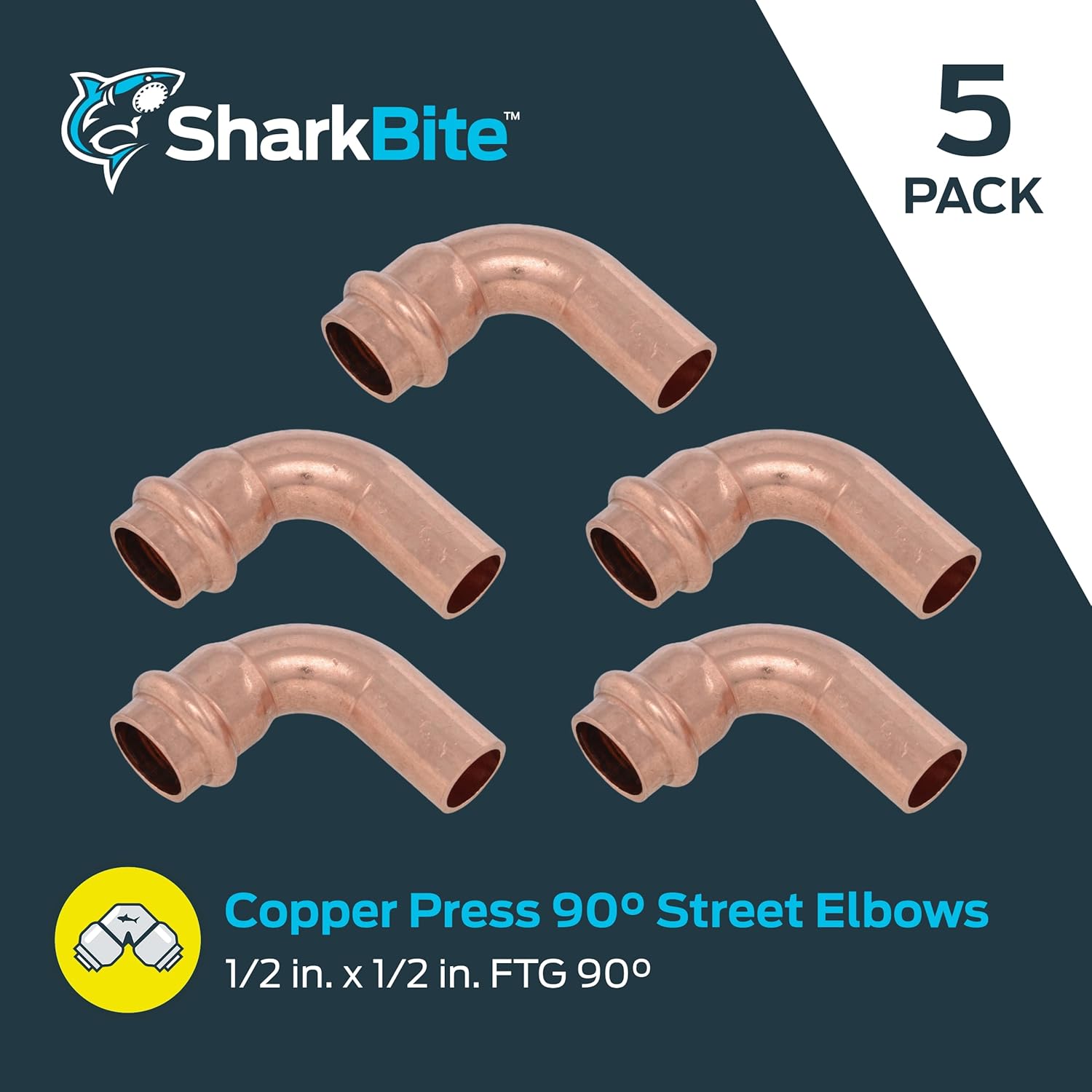 SharkBite 1/2 Inch Copper Press x 1/2 Inch FTG 90 Degree Street Elbow, Plumbing Fitting, Pack of 5, UPR0919X5