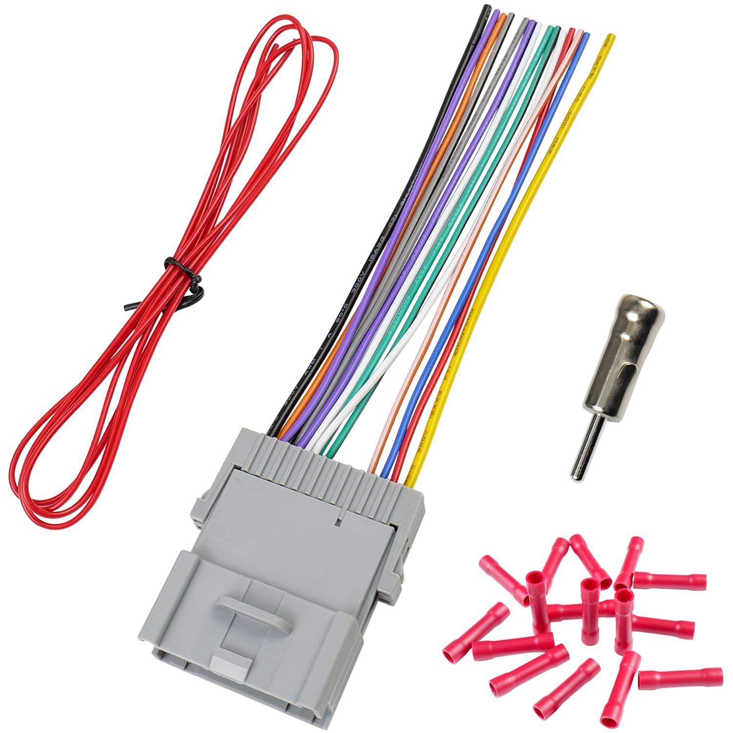 Jayubien Radio Wiring Harness with Antenna Adapter Kit Replacement for Chevy Silverado Suburban Avalanche GMC Sierra Savana Buick, 24Pin Car Stereo Wire Harness Cable with Butt Connector