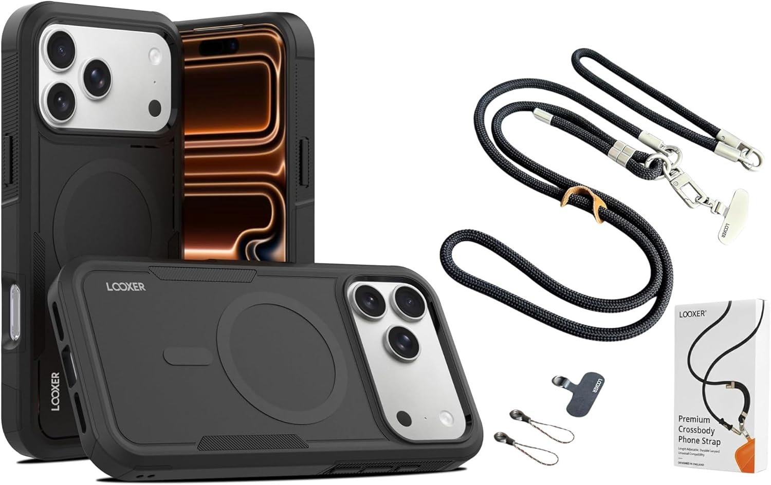 LOOXER® iPhone 17 Air Defender Case with Midnight Black Phone Strap Lanyard Bundle – Rugged Heavy Duty Shockproof Protective Cover with Adjustable Crossbody Neck Strap