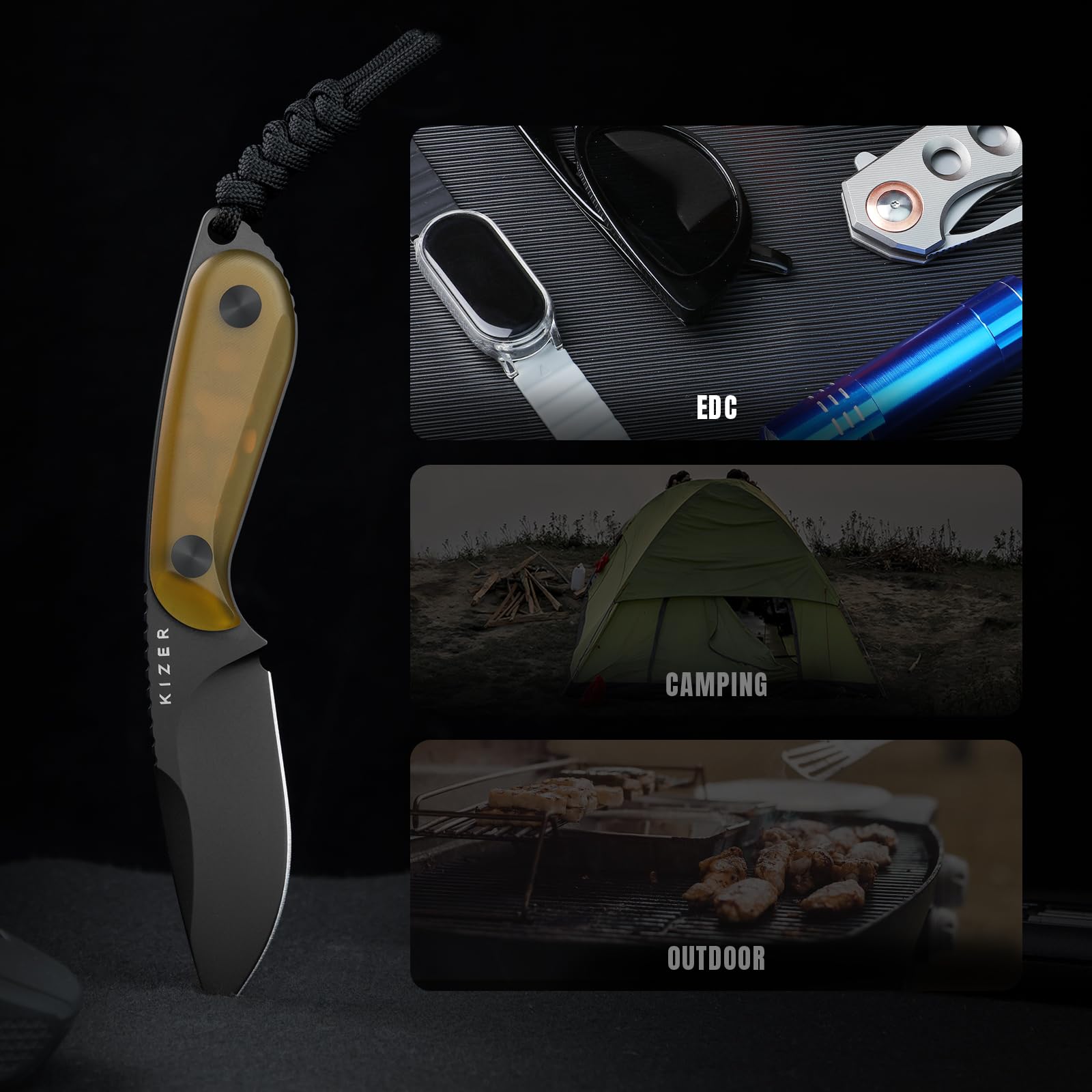 Kizer Buddy Jagdmesser EDC Messer mit Nitro V Klinge & PEI Griff, 1081A1 | 7,6 cm Drop Point Klinge Feststehende Messer mit Gelben Griff, Camping Messer mit Kydex Scheide für Outdoor Aktivitäten
