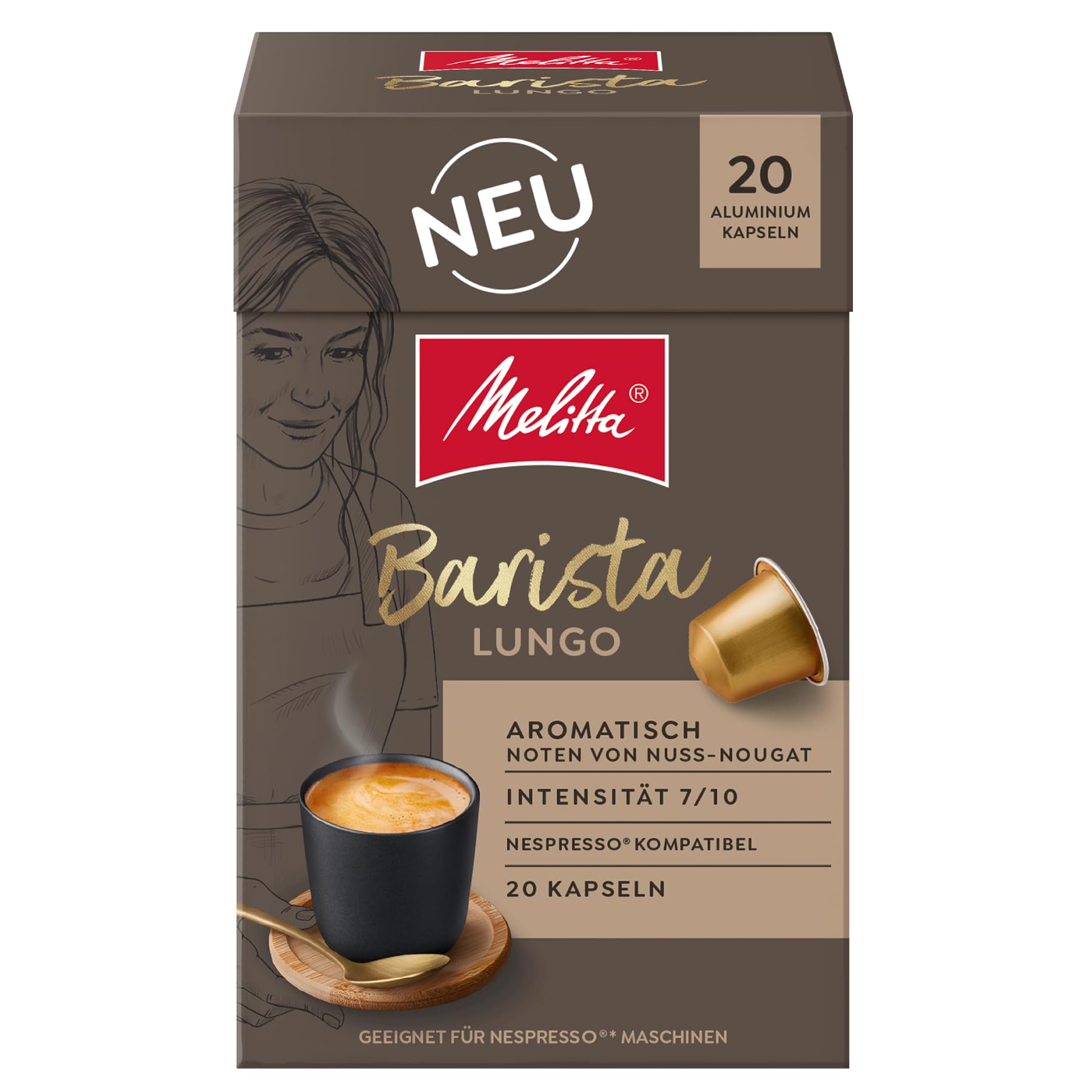 Melitta Barista Lungo, Kaffeekapseln, Nespresso Kompatibel, 200 Kapseln | Intensität 7/10, Aromatich mit Noten von Nuss-Nougat