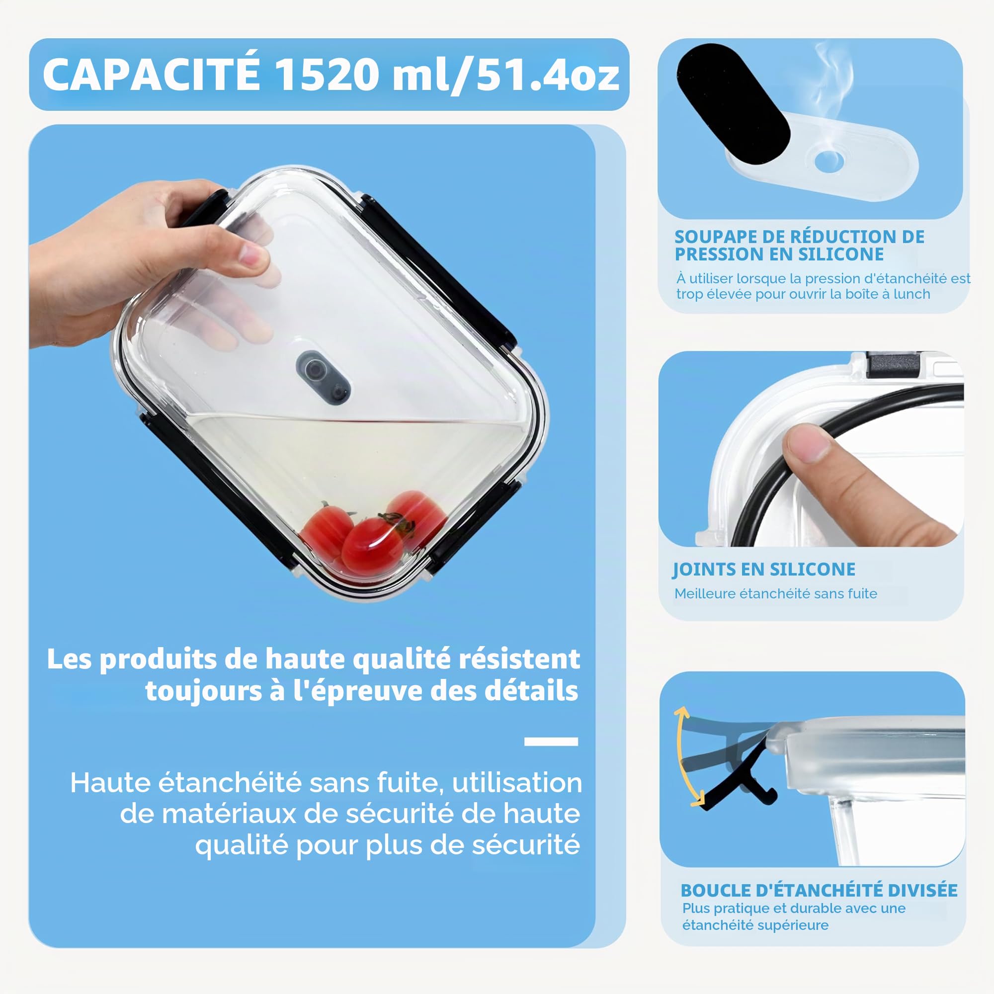 ERUIV Boite Conservation Alimentaire Rectangles, 4 pièce 1520ml Set Contenitori per alimenti, Plat En Verre Avec Couvercle hermétiques, boite de conservation alimentaire en verre empilables, Sans BPA