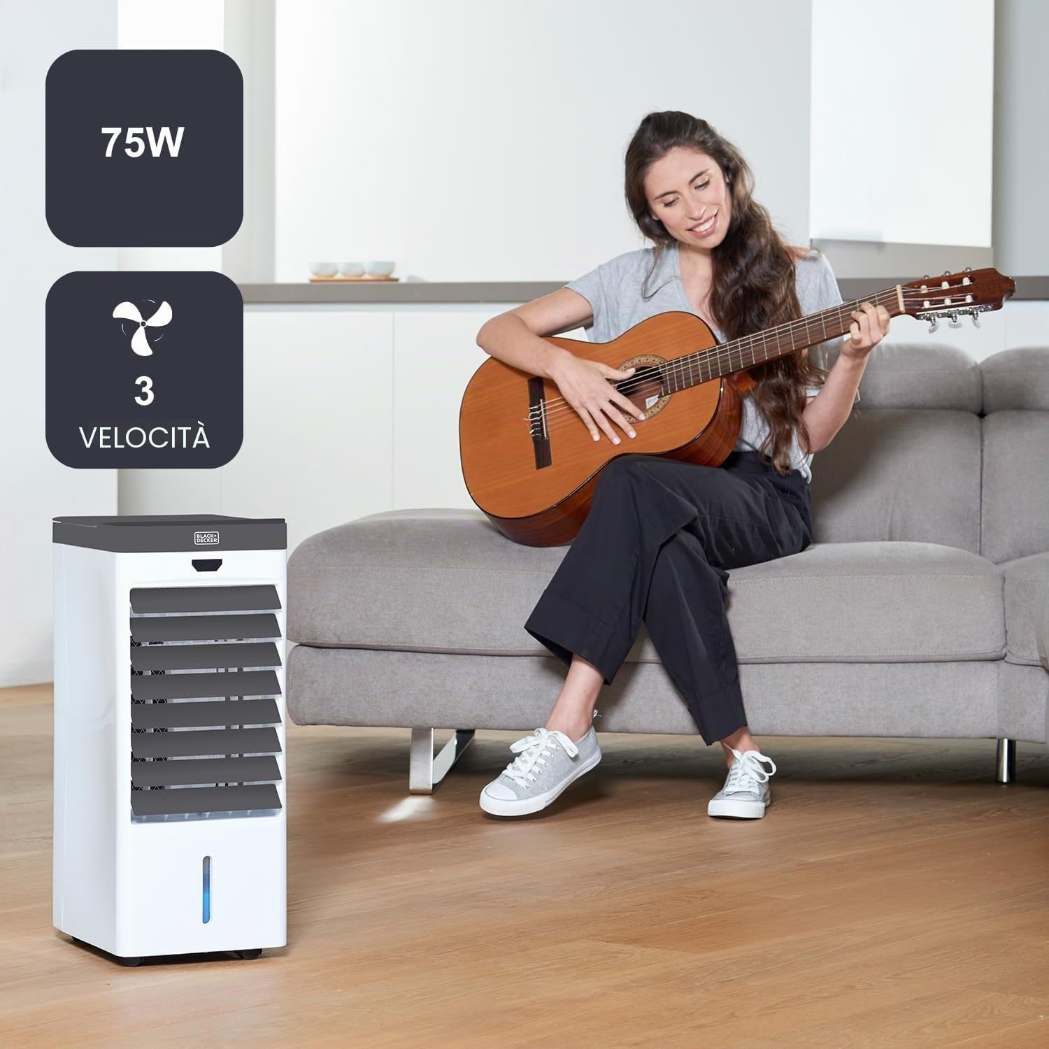 BLACK+DECKER - Raffrescatore evaporativo 75W | 5 L | Oscillante | Display digitale | Telecomando | Timer 7,5 h | 3 velocità e modalità | 4 contenitori per ghiaccio | Ruote