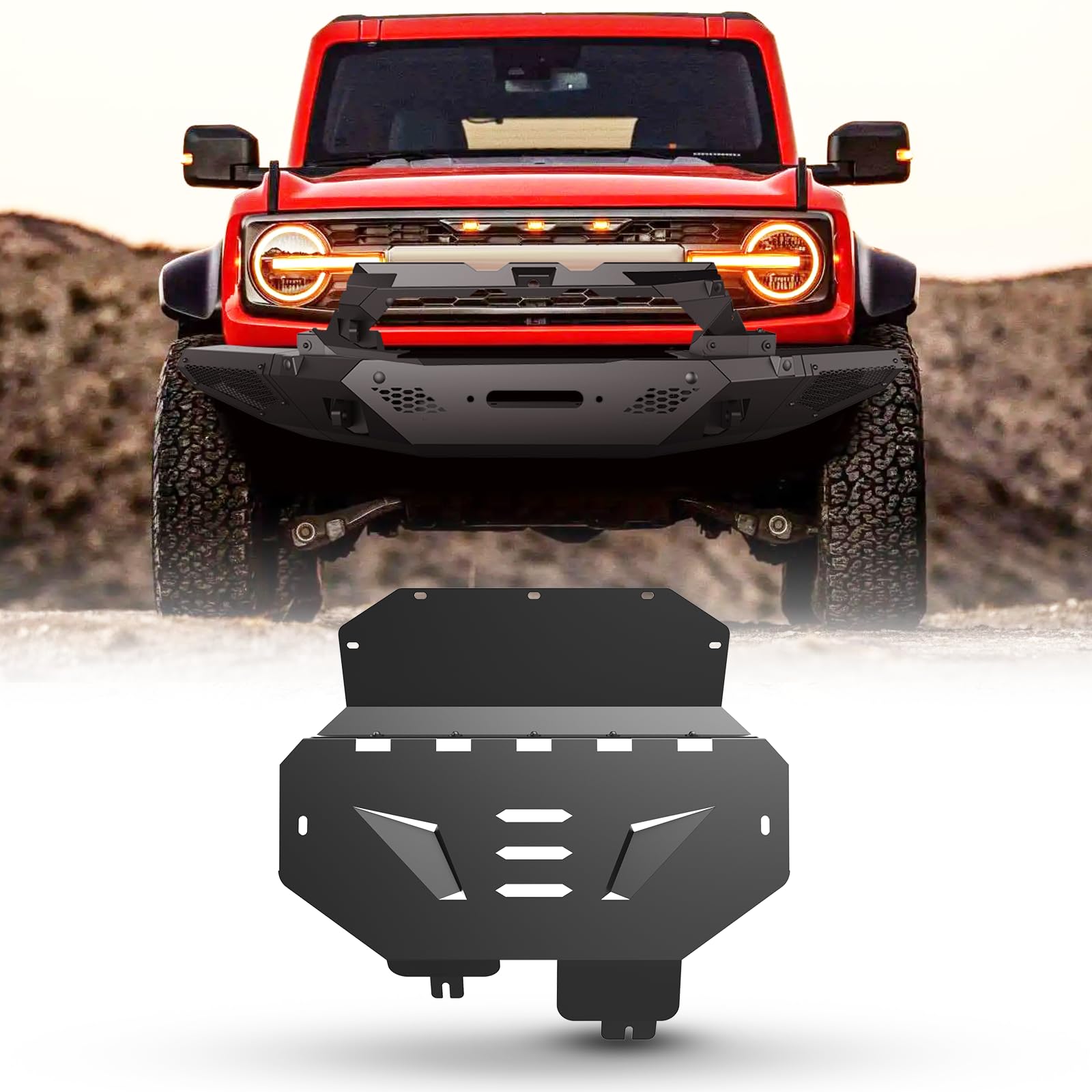 front bumper set for 2021 2022 2023 ford bronco w/side wings & bull bar & skid plate & sensor holes & installable winch, heavy duty offroad pickup truck accessories (skid plate)