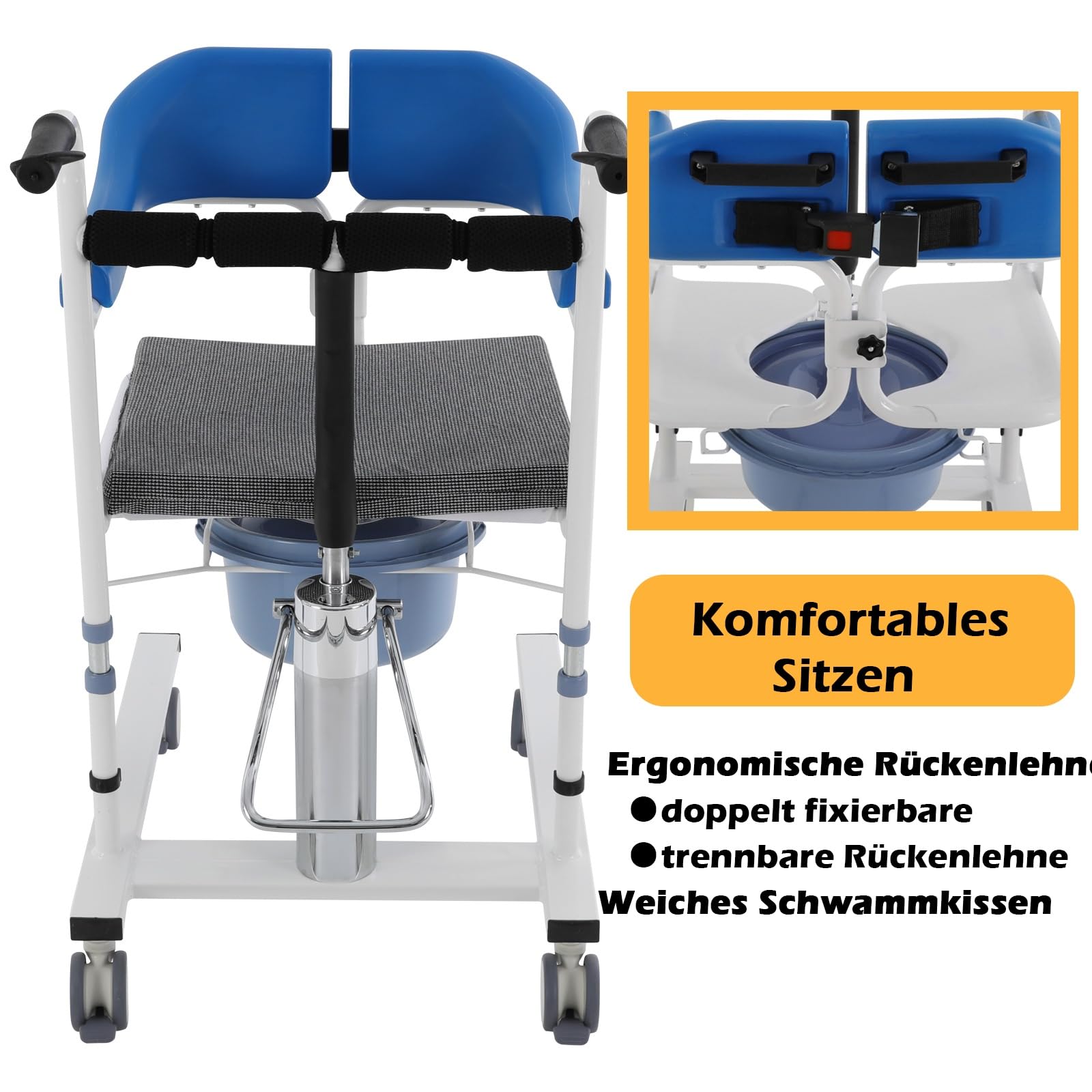 OUKANING Patientenlifter Transferstuhl - Duschrollstuhl HöhenverstellbarToilettenstuhl mit Rollen Bis 100 kg Belastbar Nachtstuhl Badezimmerrollstuhl mit Rollen für Senioren Behinderte (Blau)