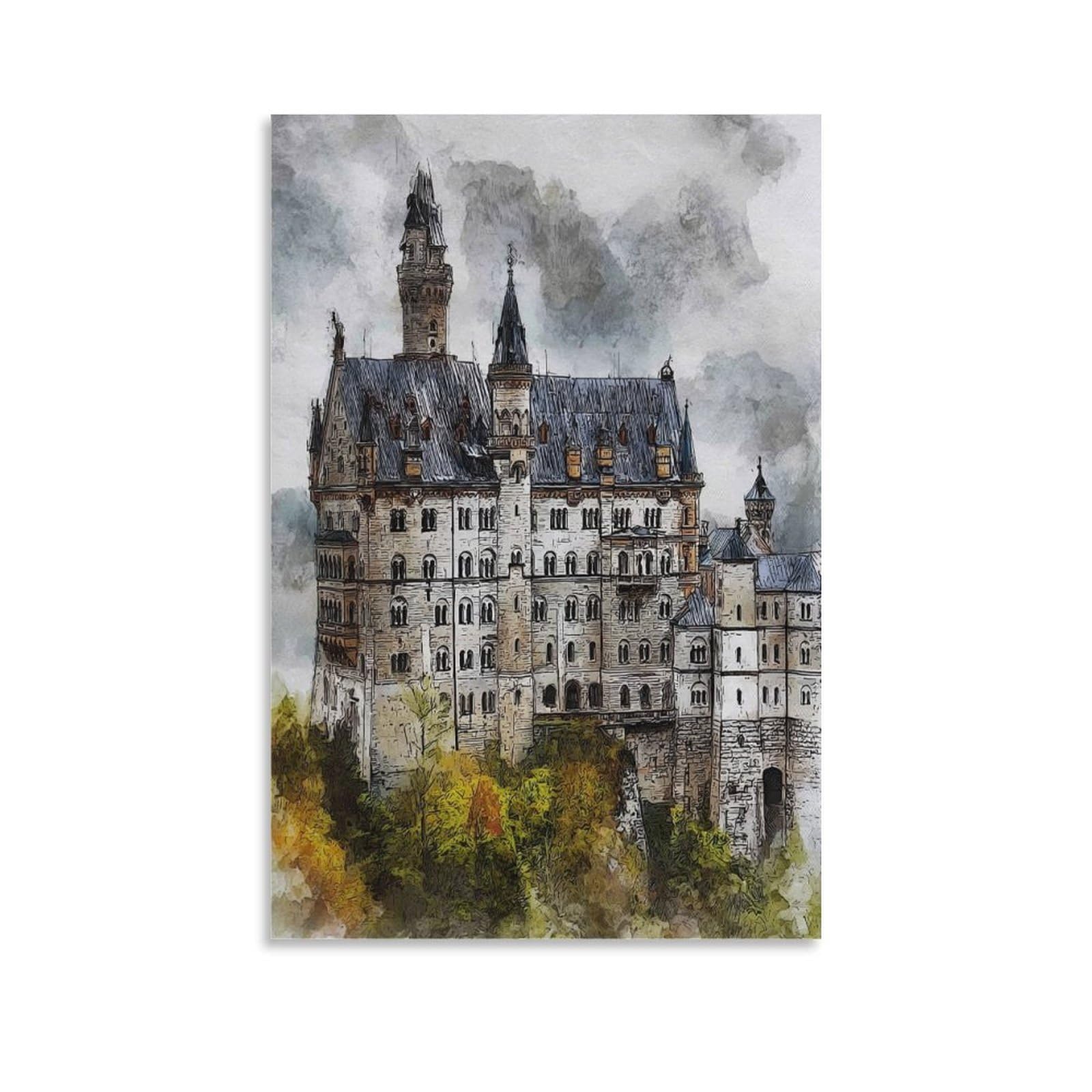 Lcynnh Unframe-Style Schwangau Neuschwanstein 24X36inch(60X90cm) Vintage Travel Poster Watercolor Canvas Art