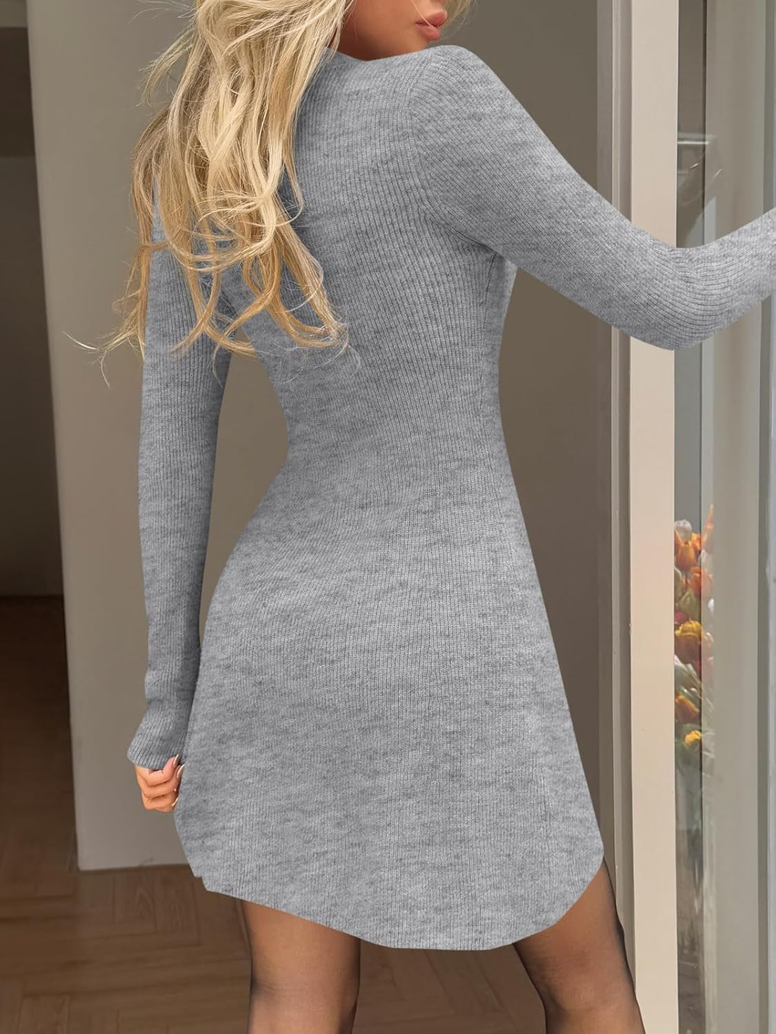 Wenrine Womens Deep V Neck Sweater Dress Sexy Knit Button Down Long Sleeve A Line Fall Mini Dresses - Image 5