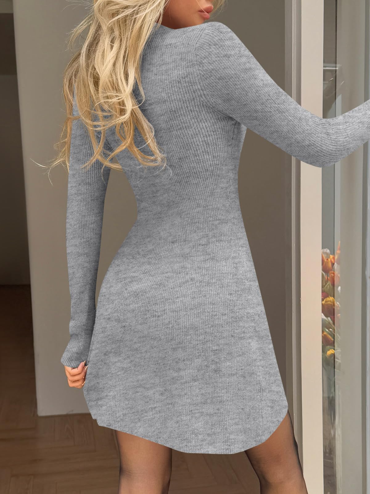 Wenrine Abito da donna con scollo a V profondo e scollo a V, sexy, a maniche lunghe, con bottoni, mini abiti autunnali