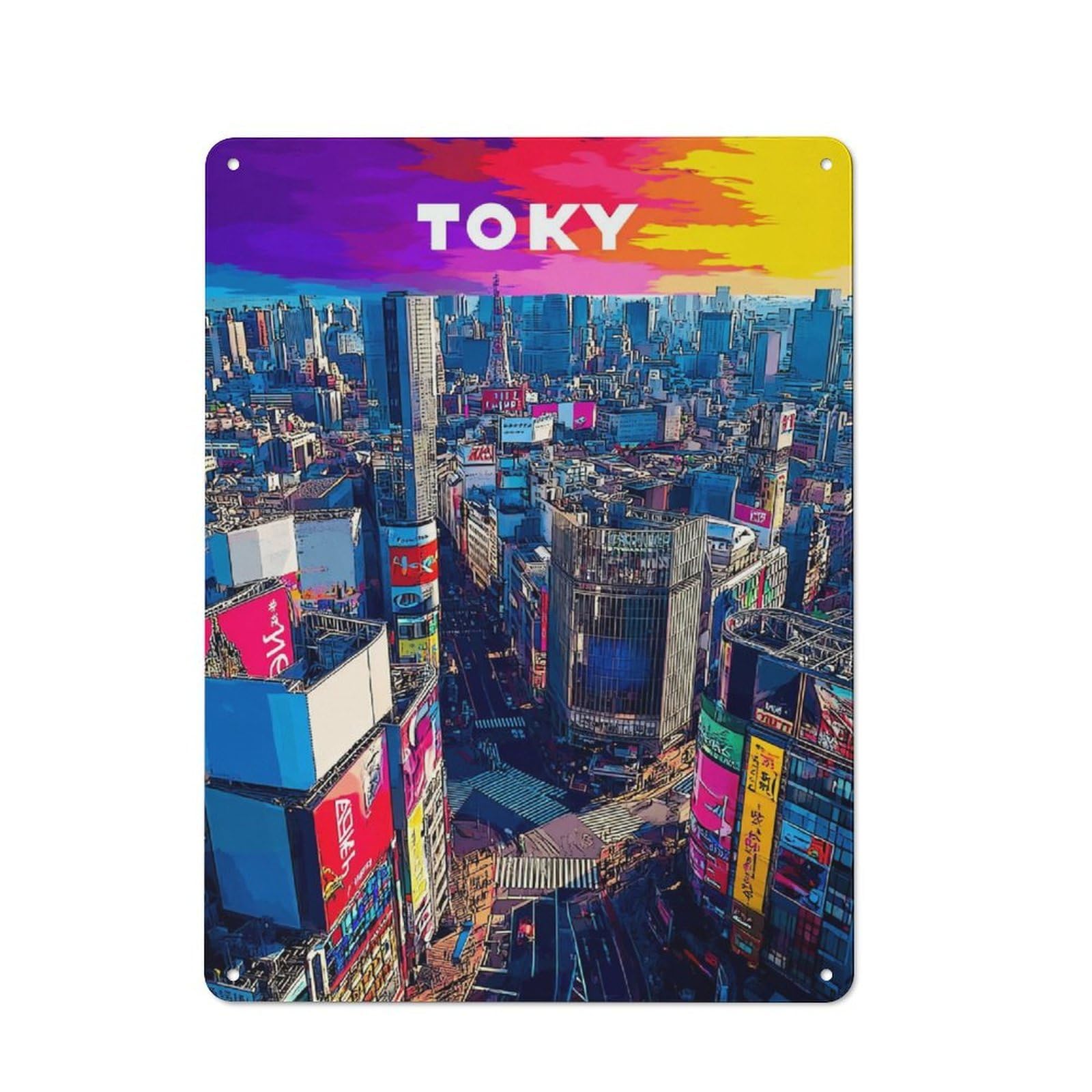Junmoney Vibrant Tokyo Skyline At Sunset Rustic Metal Sign 40X30cm For Pub Or Café, For Collectors Of Rustic Metal Wall Decor