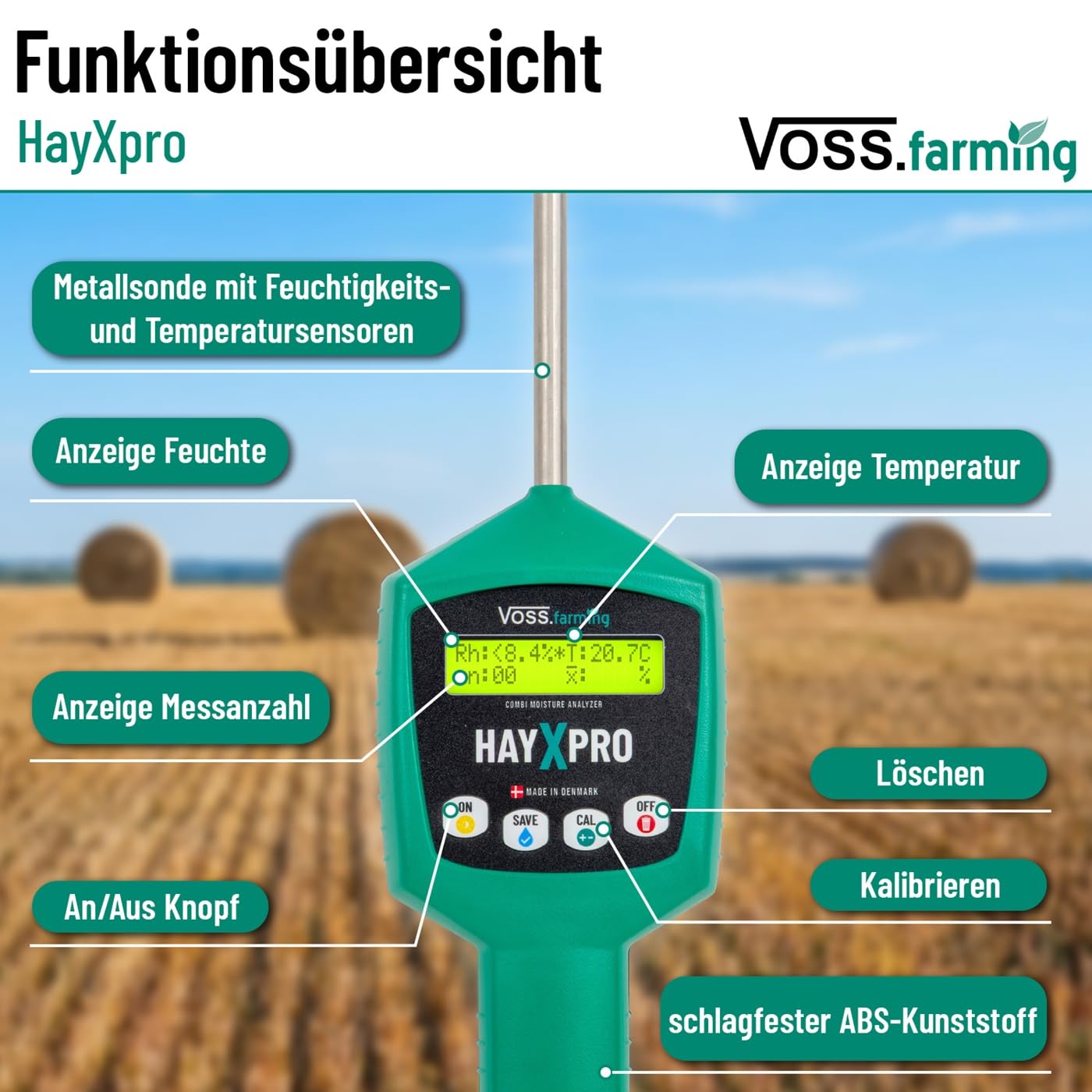 VOSS.farming HayXpro Feuchtigkeitsmessgerät für Heu, Stroh und Silage, Heufeuchtemesser, 50cm Sonde, 8,5-80%, Feuchtigkeitskontrolle, Temperaturkontrolle