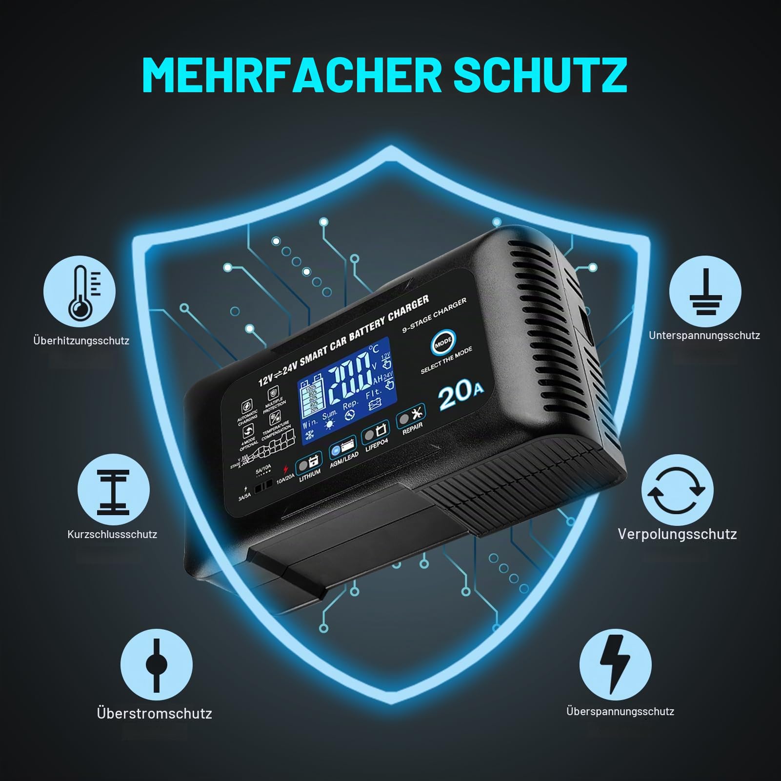 Haisito 20A Autobatterieladegerät, 12V 24V 20A, Erhaltungsladegerät und Entschwefelungsgerät, geeignet für Lithium, LiFePO4, Bleisäure (AGM, Gel usw.) Motorräder, Autos, Boote, Rasenmäher usw.