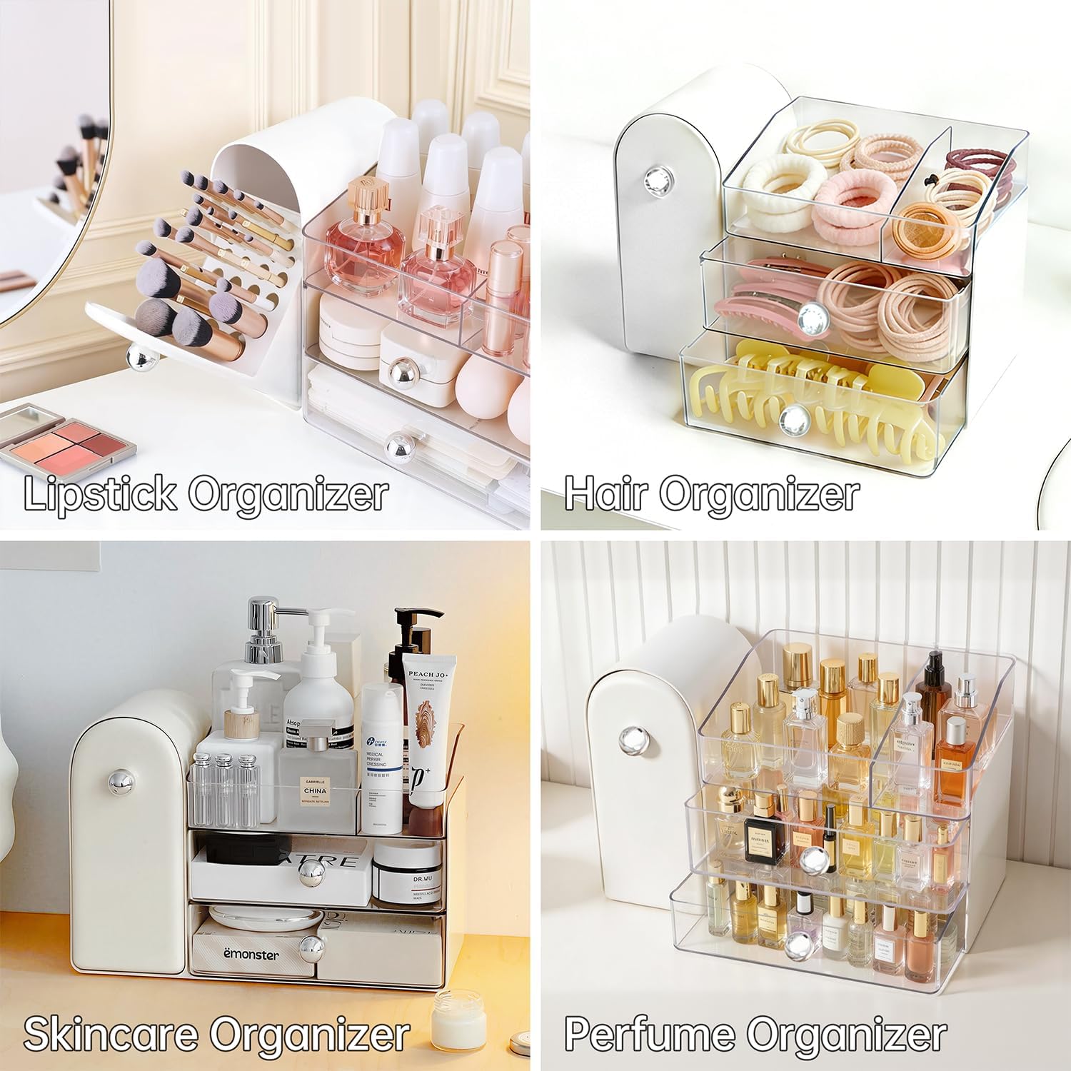 Makeup Organizer with Brush Holder, Large Cosmetic Storage, Skincare Organizer for Bathroom Countertop, Vanity Organizer for Lipstick, Perfume, Nail Polish, White