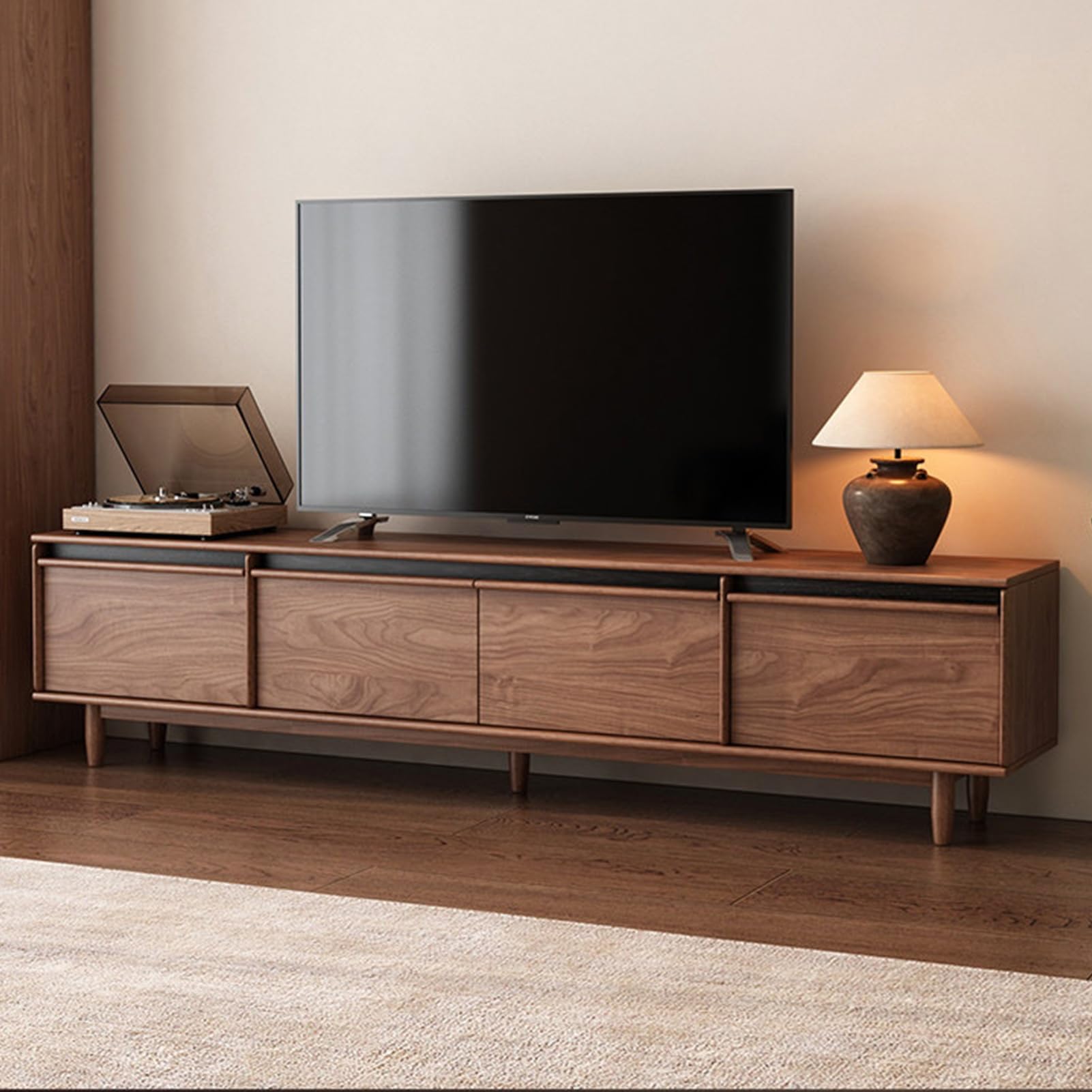 Mid Century Media-Konsolentisch Mit 4-türigen Kabelmanagement | Entertainment-Center, Wohnzimmer-Konsolentisch mit Stauraum, Wohnzimmer-TV-Ständer Retro-Massivholz(200CM/78.7IN)