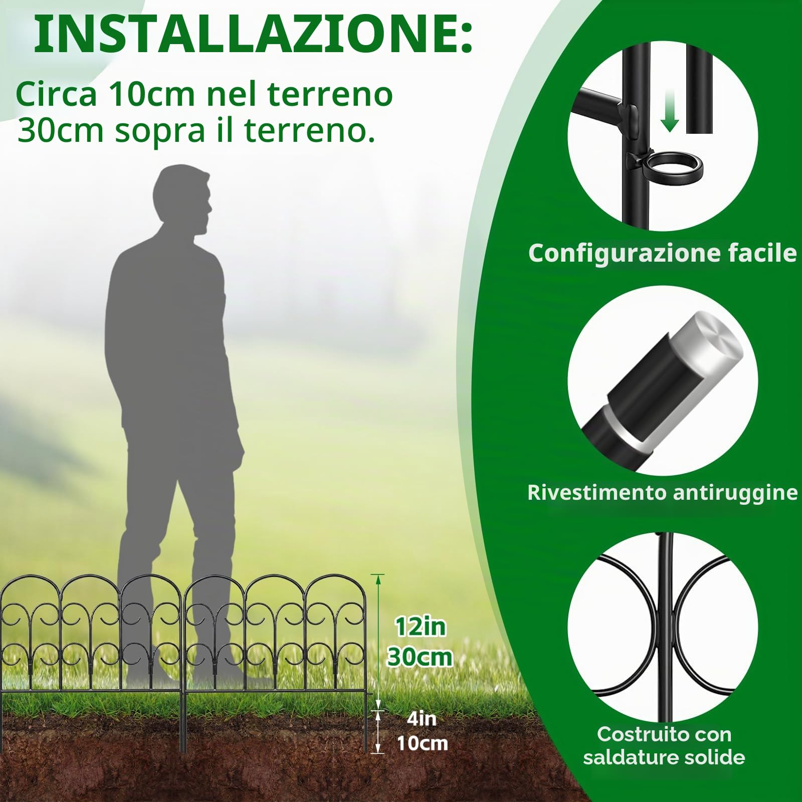 Thealyn Recinzione da Giardino in Metallo 40 cm x 2,35 m, 5 Pannelli, Bordura Decorativa da Esterno Antiruggine, Recinzione in Ferro Battuto per Aiuiola, Patio e Paesaggio