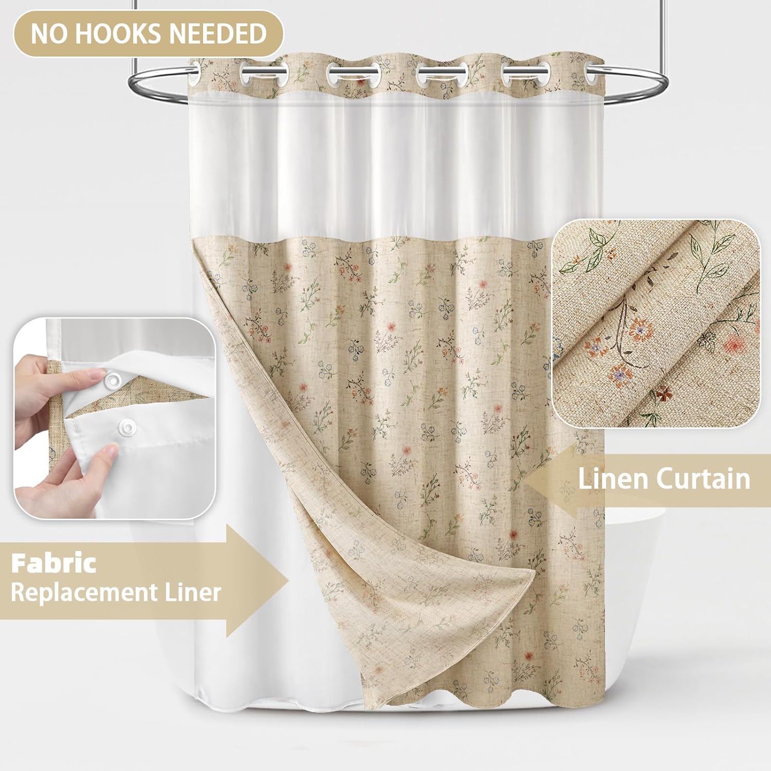 Floral Farmhouse Vintage Linen Shower Curtain and Liner Set,French Country No Hook Shower Curtain 75" L x 72" W