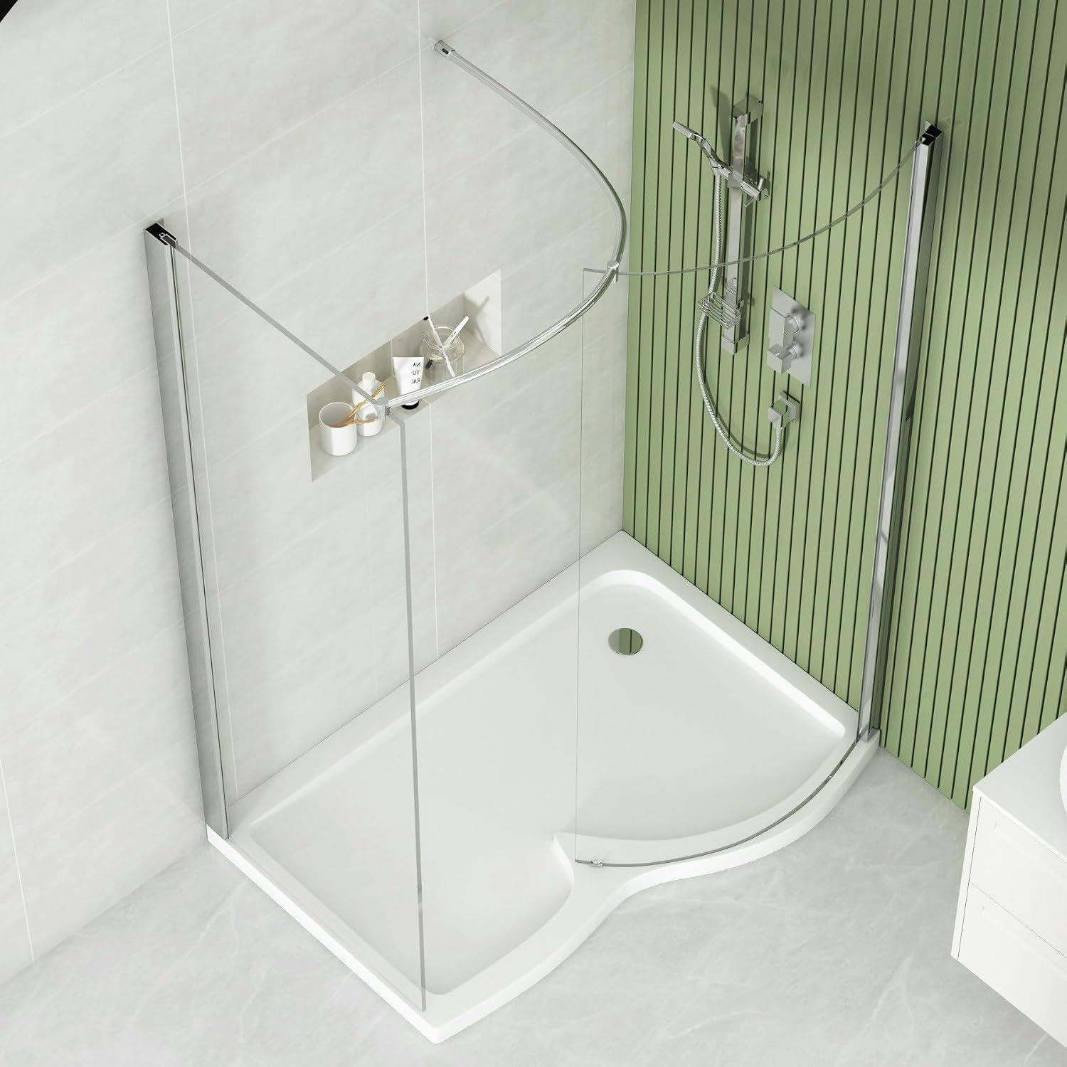 1400 x 900mm Curved Walk in Shower Enclosure with Tray 1400 x 900mm Right Handed 8mm Easy Clean Glass & Top Support Arm