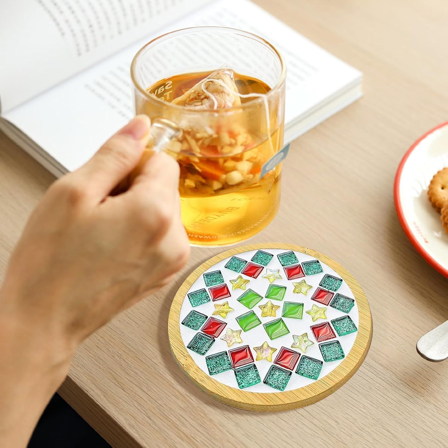 Airsnigi 10 Set DIY Mosaic Tiles for Crafts Mixed Color Glass Mosaic Kits with Wooden Coasters DlY Coasters Kit Mosaic Supplies for Adult DIY Kit Bamboo Coaster Christmas Gift for Drinks Tray