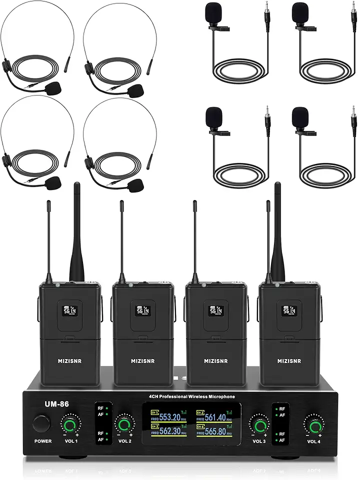 MIZISNR Sistema De Microfone Lapela Sem Fio Com Fone Ouvido E Microfones Lapela, Conjunto Receptor Uhf 4 Canais Metal, Alcance 300 Pés Para Canto, Igreja, Karaokê, Pregação, Casamento