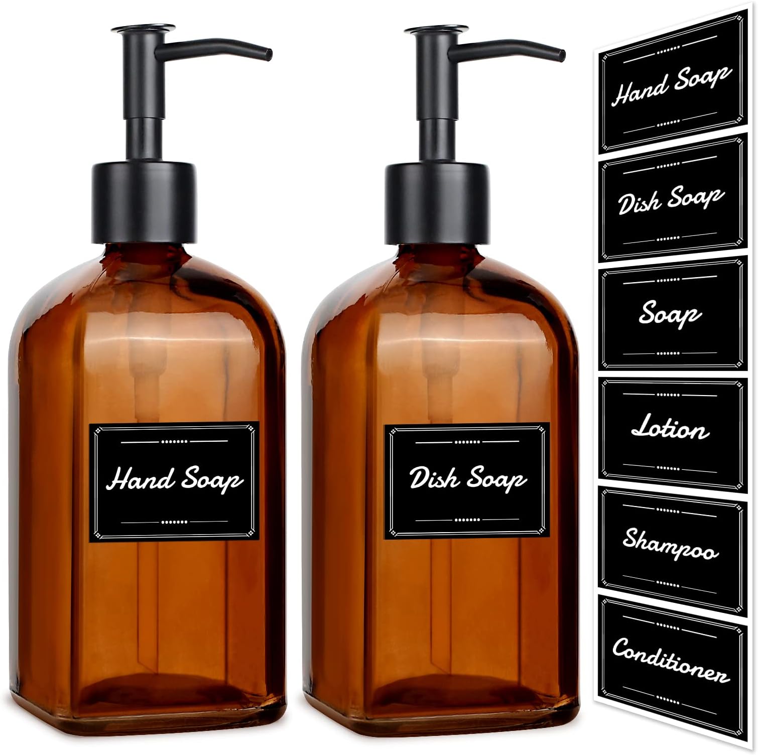GMISUN Amber Glass Soap Dispenser, 2 Pack Thick Antique Hand and Dish Soap Dispenser Set with Matte Black Stainless Steel Pump, 18oz Vintage & Farmhouse Soap and Lotion Bottle for Kitchen & Bathroom