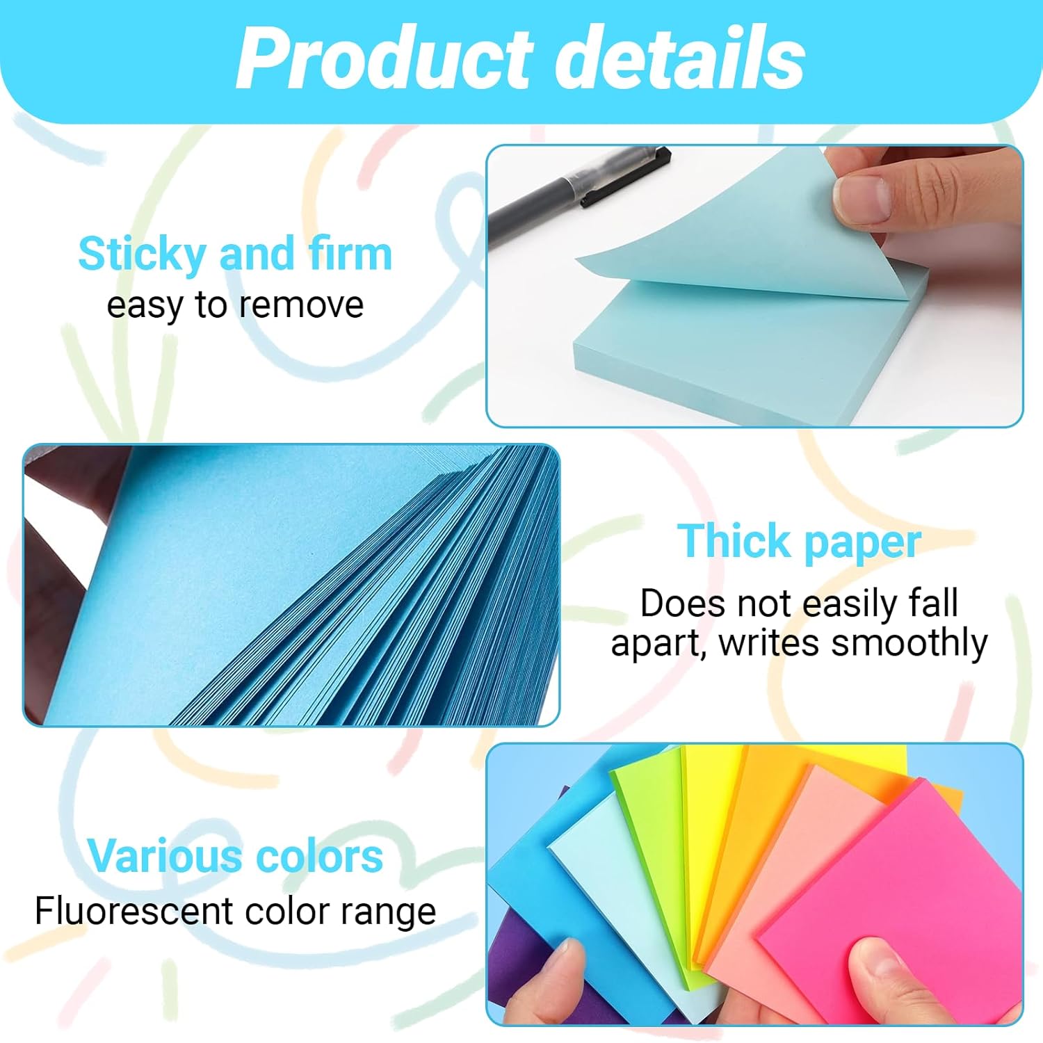 Sticky Notes 3x3, 8 Color Sticky Notes, Post Its, Removable Self-Stick Notes for Office, School, Home, Notebook, Send Goods from Local Warehouse, 100 Pads/Pack (10)