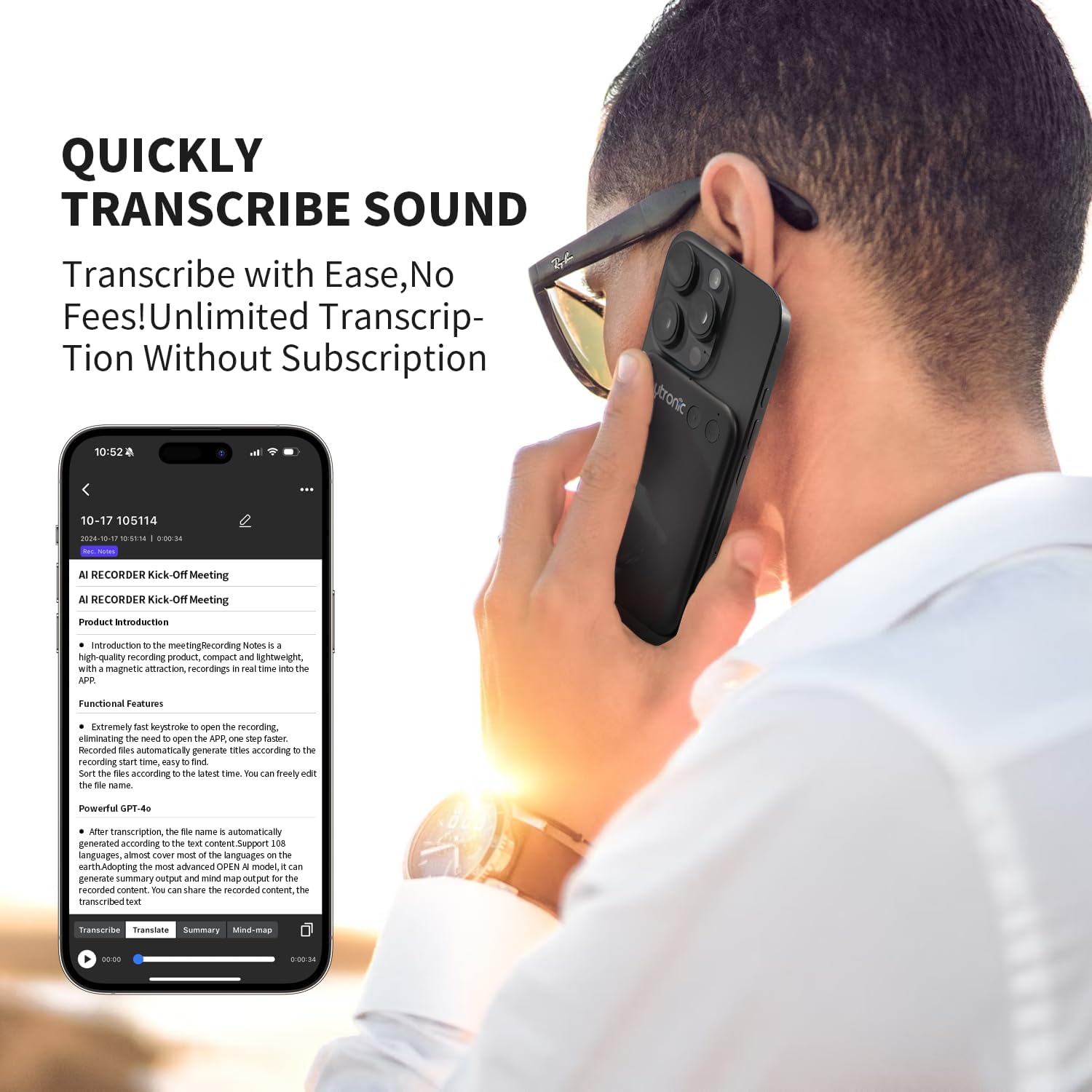 AI Digital Voice Recorder&Translator - Transcribe & Summarize & Note AI Noise Cancellation Technology, Supports 108 Languages,APP Control Audio RecorderTranscribeSummarize (Gray)