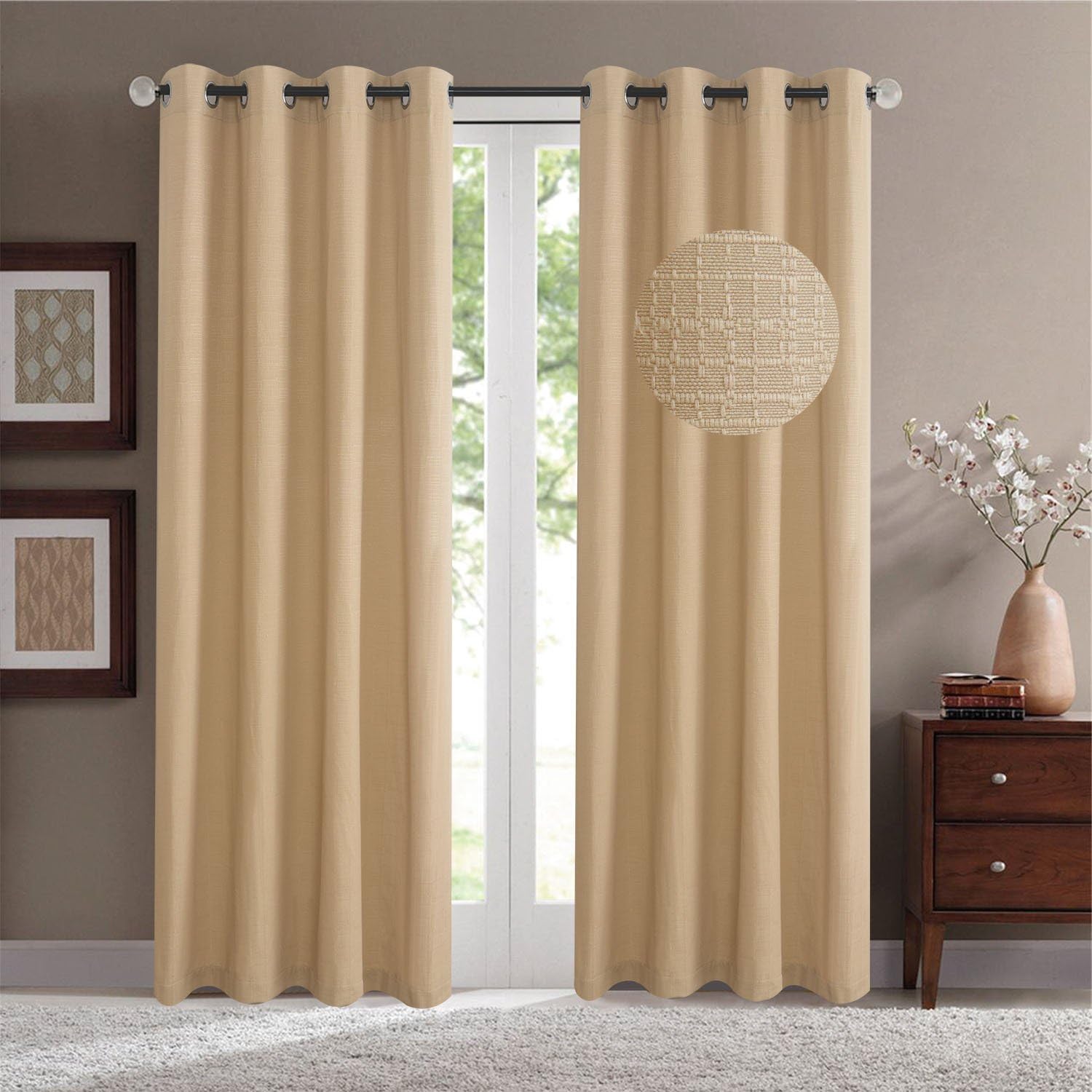 Jacquard Faux Linen Blackout Curtain Grommet Top Thermal Insulated Room Darkening Engery Saving Drape Noise Reducing No Formaldehyde,Sold in Pair