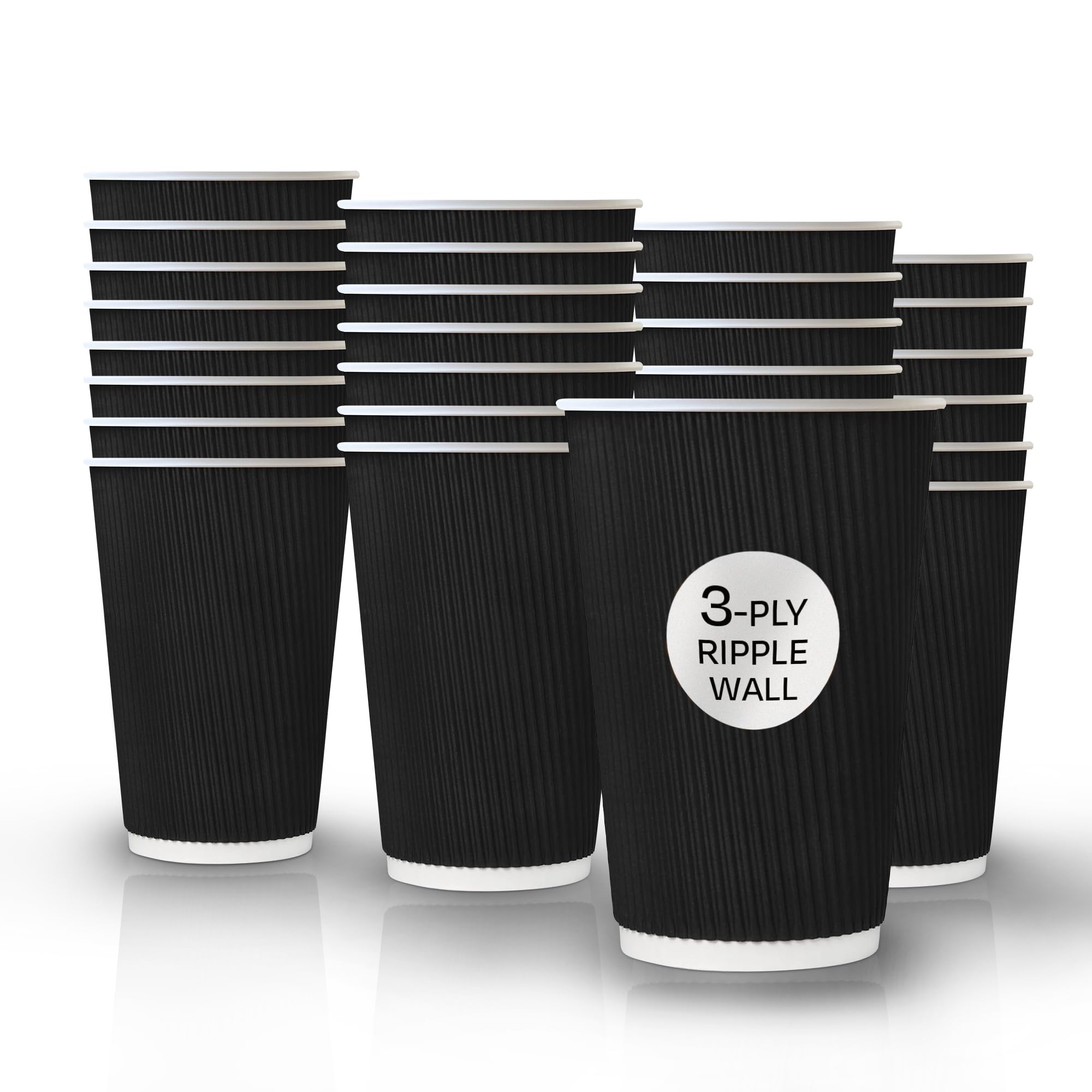 12oz Disposable Black Ripple Paper Cups, Insulated 3 Ply Hot Drink Cups for Coffee, Tea, Espresso, Takeaway, Cafe and Catering Use, Recyclable Eco Cups - 1000Pc