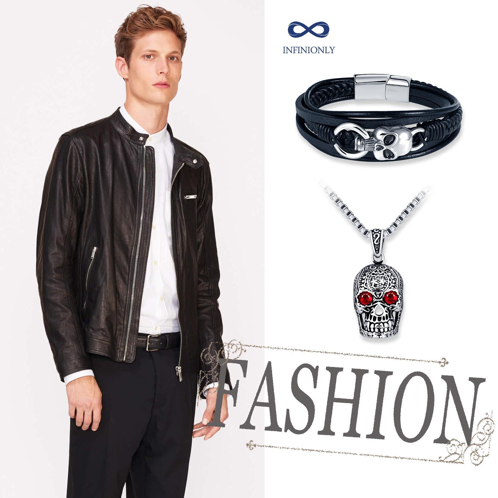 Colliers Pendentif Tête de Mort avec Zircon Rouge en Acier Inoxydable Hommes Garçons Vintage Bracelets Tressé en Cuir Multicouche de Face de Fantôme pour Adolescents Bijoux Parures