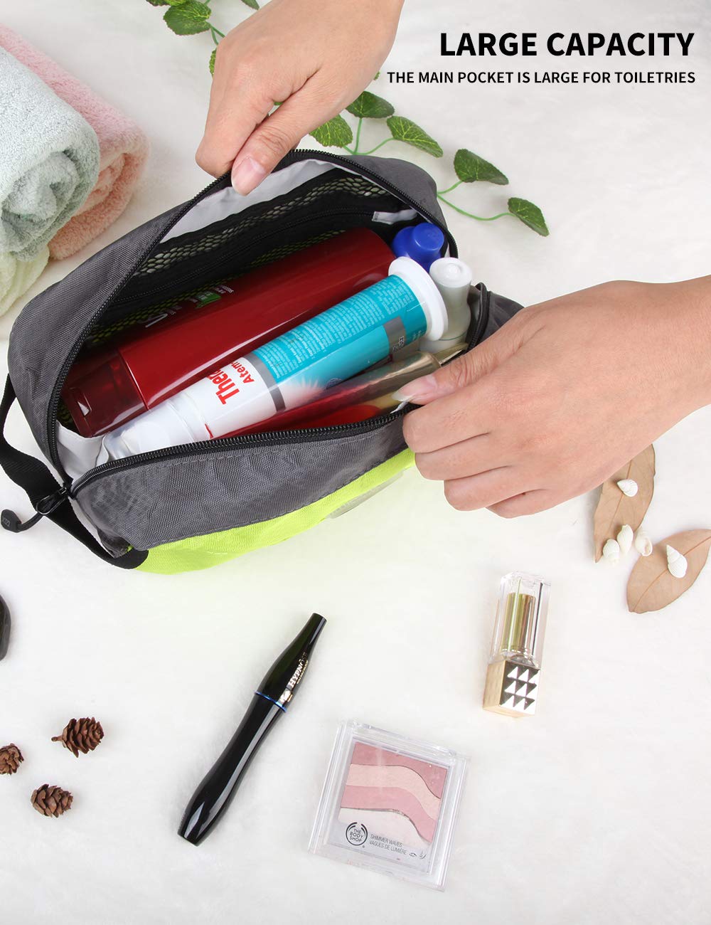 GOX Neceser de alta calidad, estuche Dopp para viajes, organizador de cosméticos multifunción (verde/gris), verde / gris, L