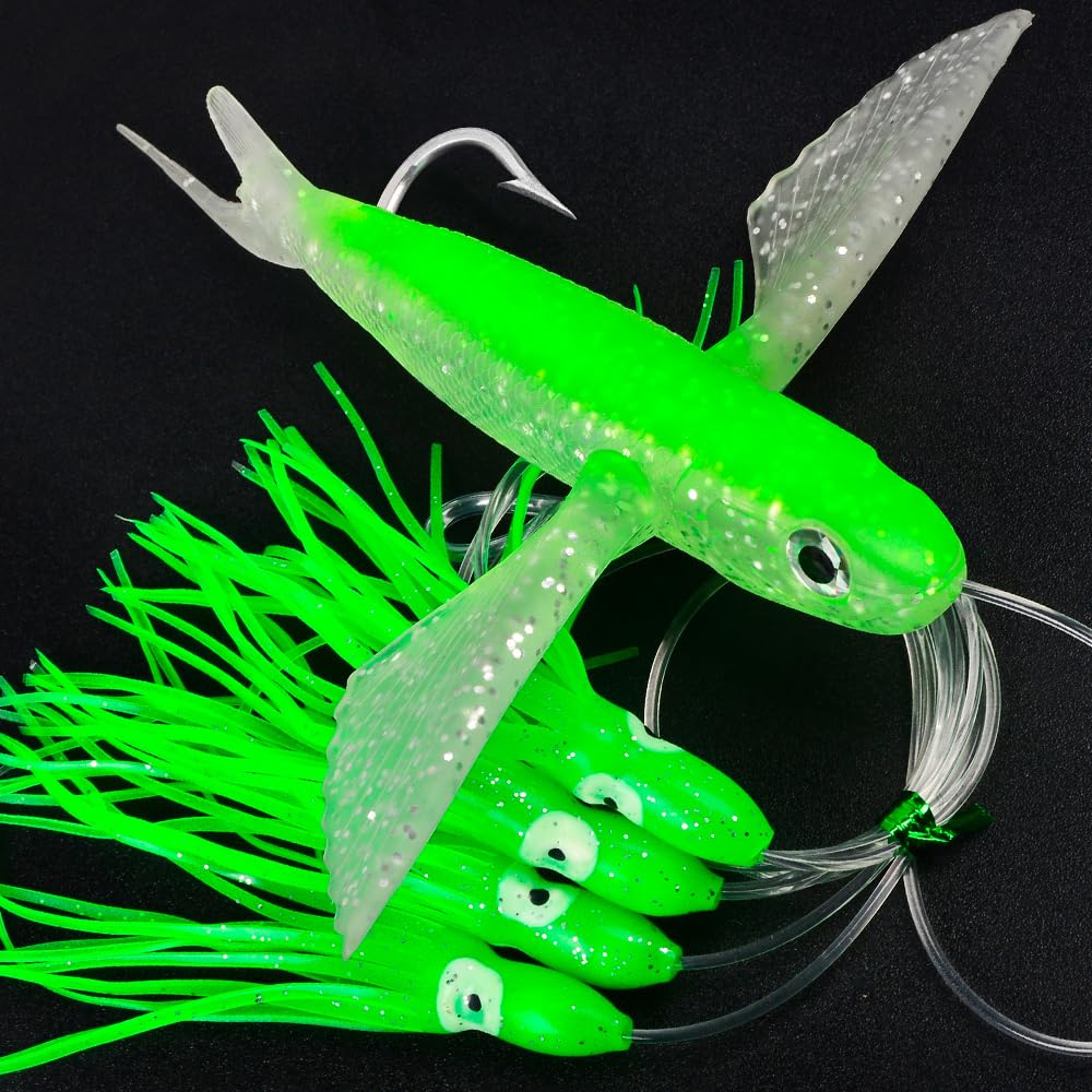 Daisy Chain Teaser Schleppköder – Fliegender Fisch, Teaser, Großspiel, Salzwasser, Offshore, Thunfisch, Mahi, Wahoo, voll Rigged Squid Teaser, Trolling, Angelköder mit Netztasche