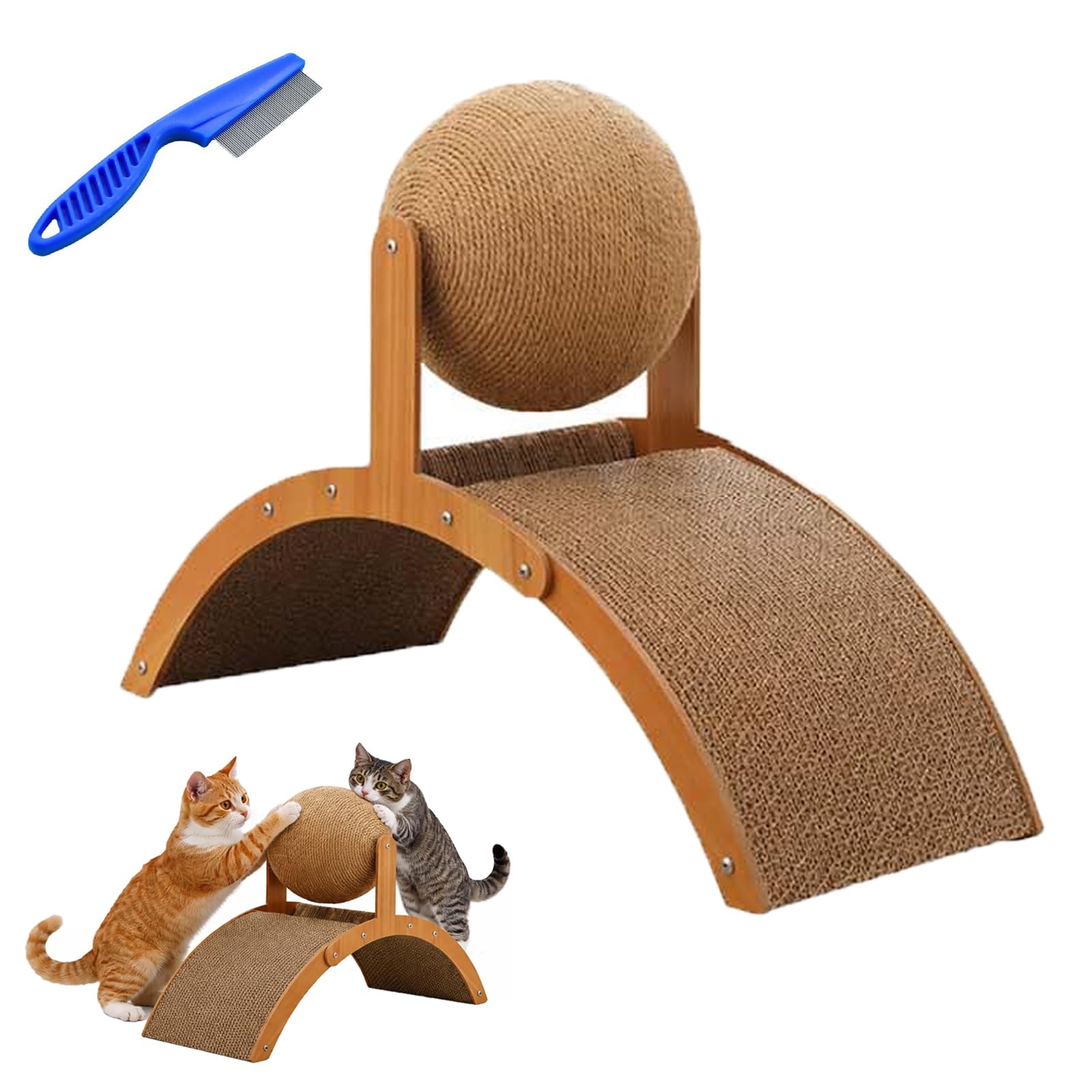 Cat Scratching Ball on Stand - 2-in-1 Interactive Cat Scratcher with 360° Rotating Natural Sisal Ball - Solid Wood Cat Bridge Scratch Pad for Indoor Cats (S)