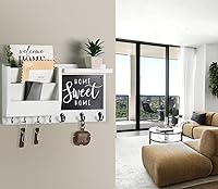 Vista 3 de Soporte para llaves de pared - Organizador de soporte para correo con montaje en pared con estante - Perchero para llaves colgante con ganchos