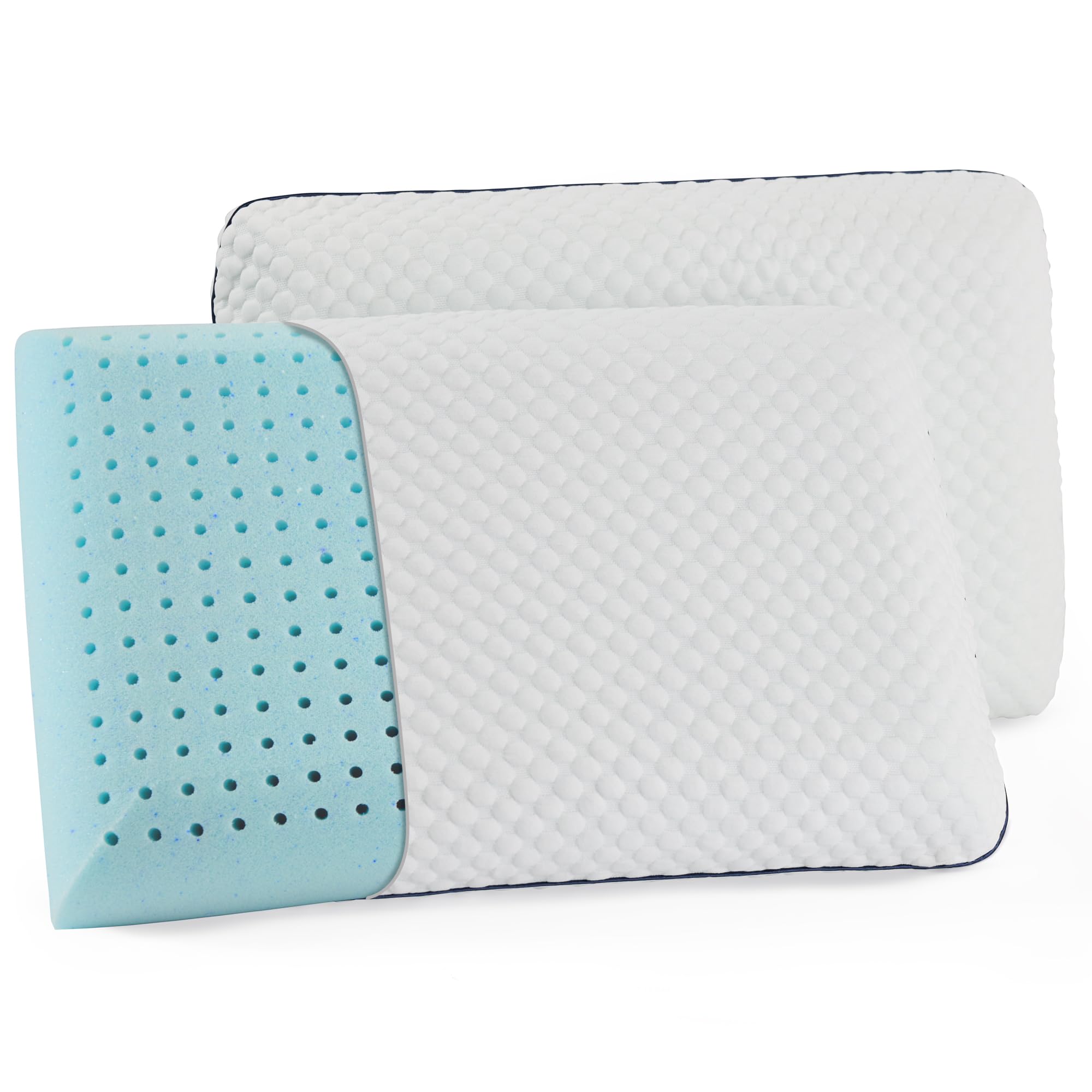 Weekender Gel Memory Foam Pillow – Cooling & Ventilated - 2 Pack King Size - Premium Washable Cover White, Blue