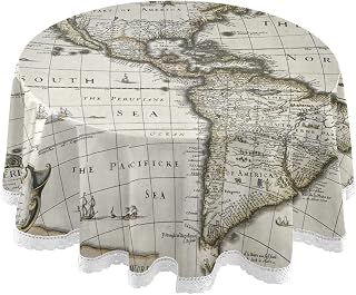 Ancient America Old Map with Greenland Insert Map Round Table Cloth, Circle Table Linen White Lace Dinner Tablecloth Mat, Desk Cloth Cover for Home Party Wedding 60 Inches