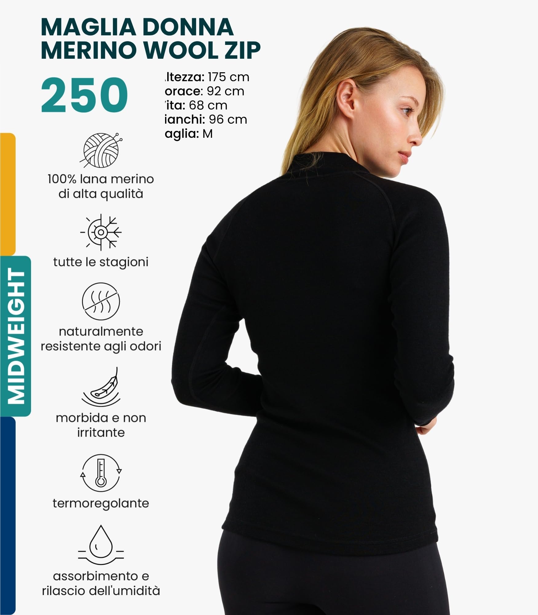 Merino.tech Maglia Donna Merino Wool Mezza Zip - 100% Intimo Termico Lana Merino Lite, Medio Peso, Pesante e Calzini
