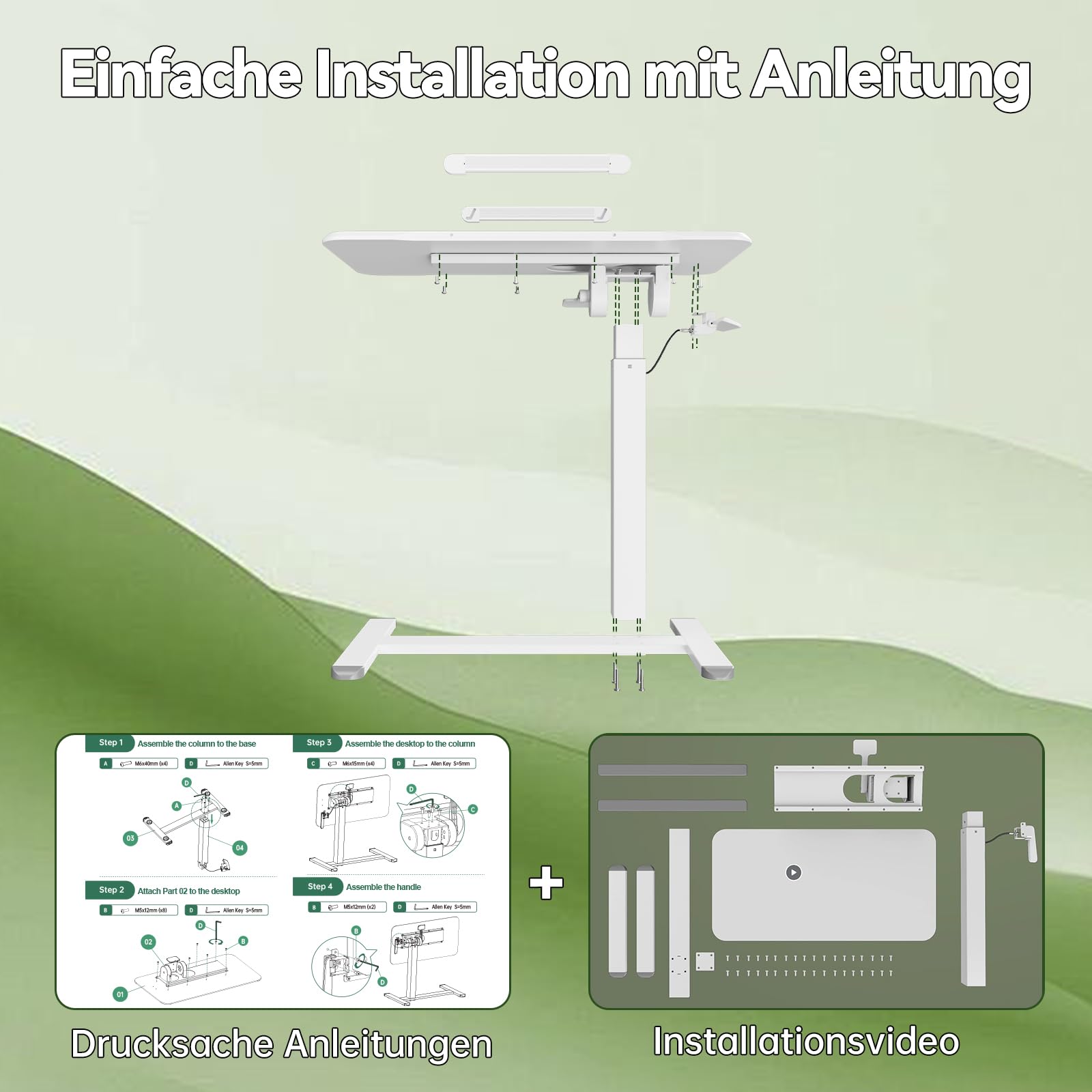 Gibbon Mounts 180° klappbarer höhenverstellbarer Beistelltisch mit Rollen | Weißer C-förmiger Laptoptisch m. 4 feststellbaren Rädern, beidseits klappbare Tischplatte, perfekt Beistelltisch & Couchtisch