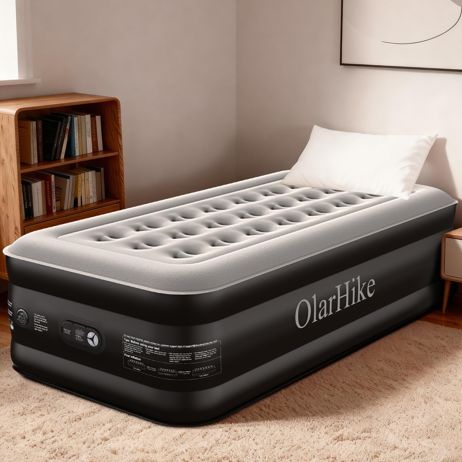 OlarHike Single Airbed, Inflatable Air Mattress with Built-in Pump, Blow Up Bed, Self Inflating Folding Guest Air bed with Flocked Surface For Camping & Home Use, 90cm W x 200cm L x 50cm H(Black)