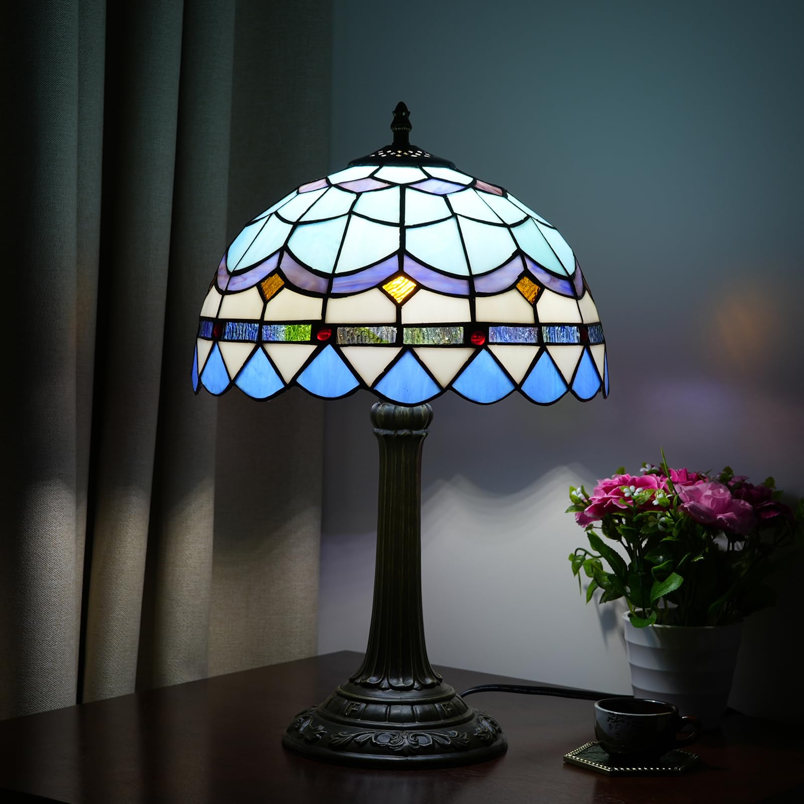 Tiffany lampa stołowa witrażowa lampa śródziemnomorska niebieska sypialnia lampa stołowa lampka do czytania lampka na biurko do salonu biura akademika jadalni dekoracja parapetówka prezent 30 x 30 x