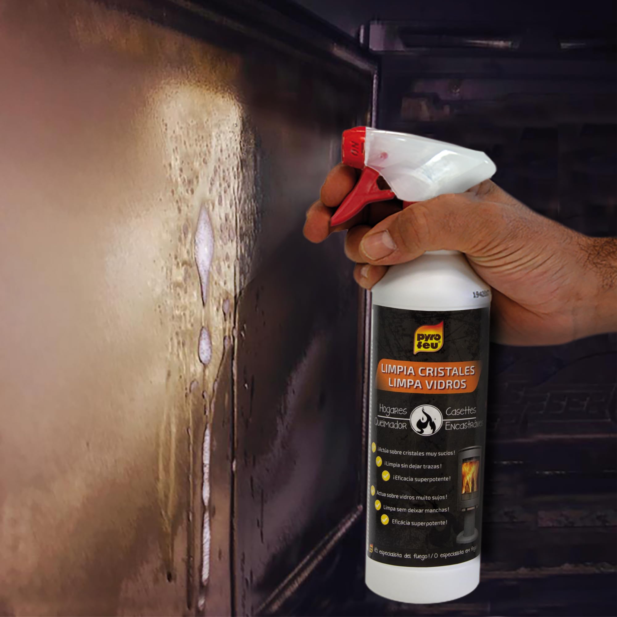 PYRO FEU 24512-12 Pack de 2 Limpiacristales antihollín para cristales de horno y chimeneas 2x500 ml, Blanco y marrón — view 4