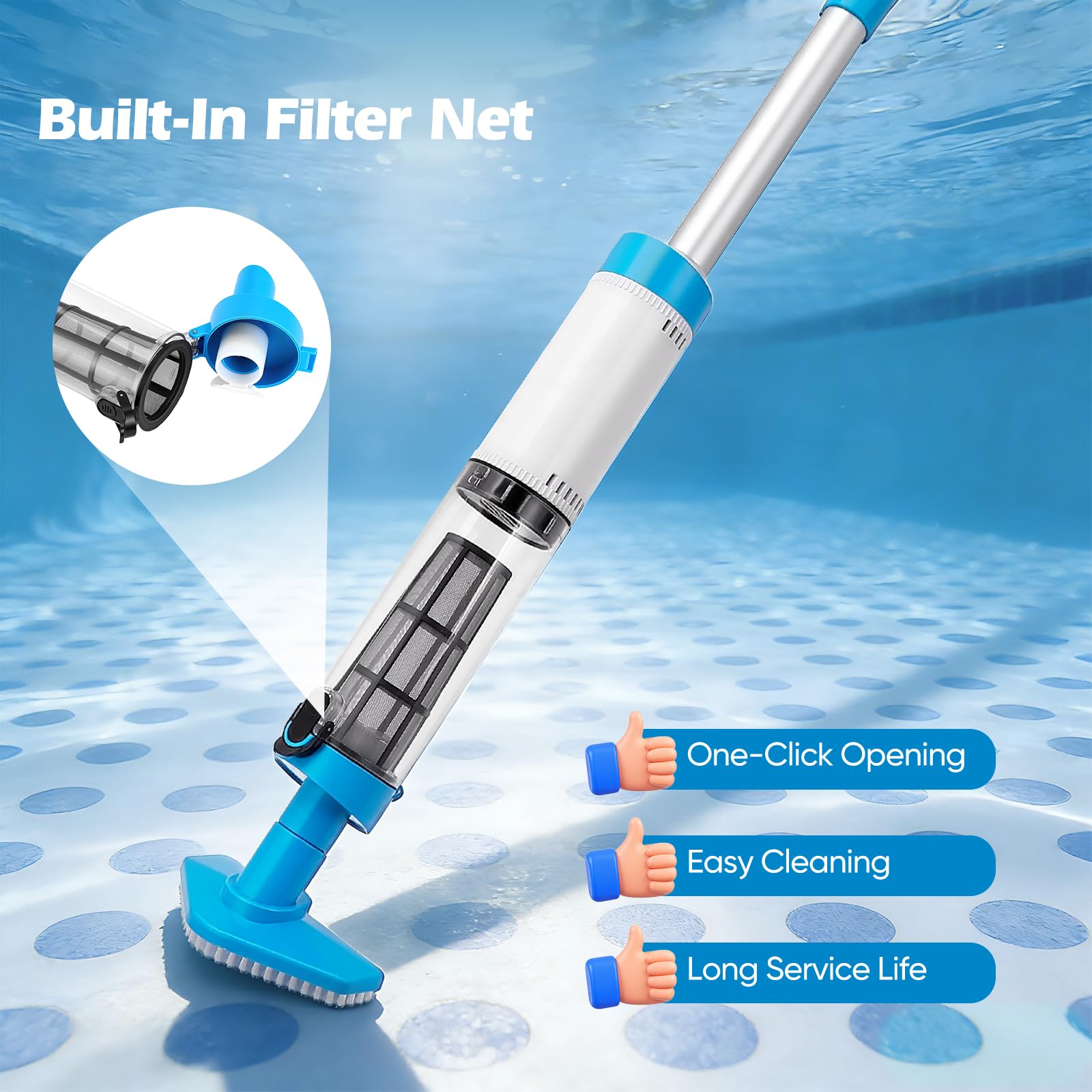 Aspirateur Piscine sans Fil Puissant débit 20L/Min Démarrage Automatique par Capteur Immergé,3 Buses Interchangeables,Poignée Télescopique 103-162cm Idéal Piscine Hors Sol et Enterrée