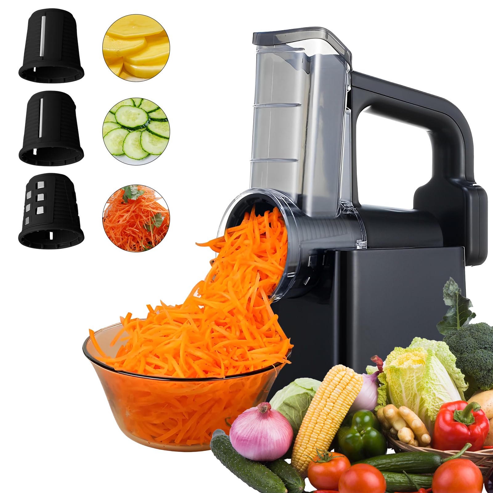 Cortador Eléctrico de Verduras,Máquina de Ensalada Eléctrica,Rallador Eléctrico de Verduras y Fruta,Rallador Multiple,Para Queso, Patatas, con Múltiples Cuchillas Ajustables, acero Inoxidable.