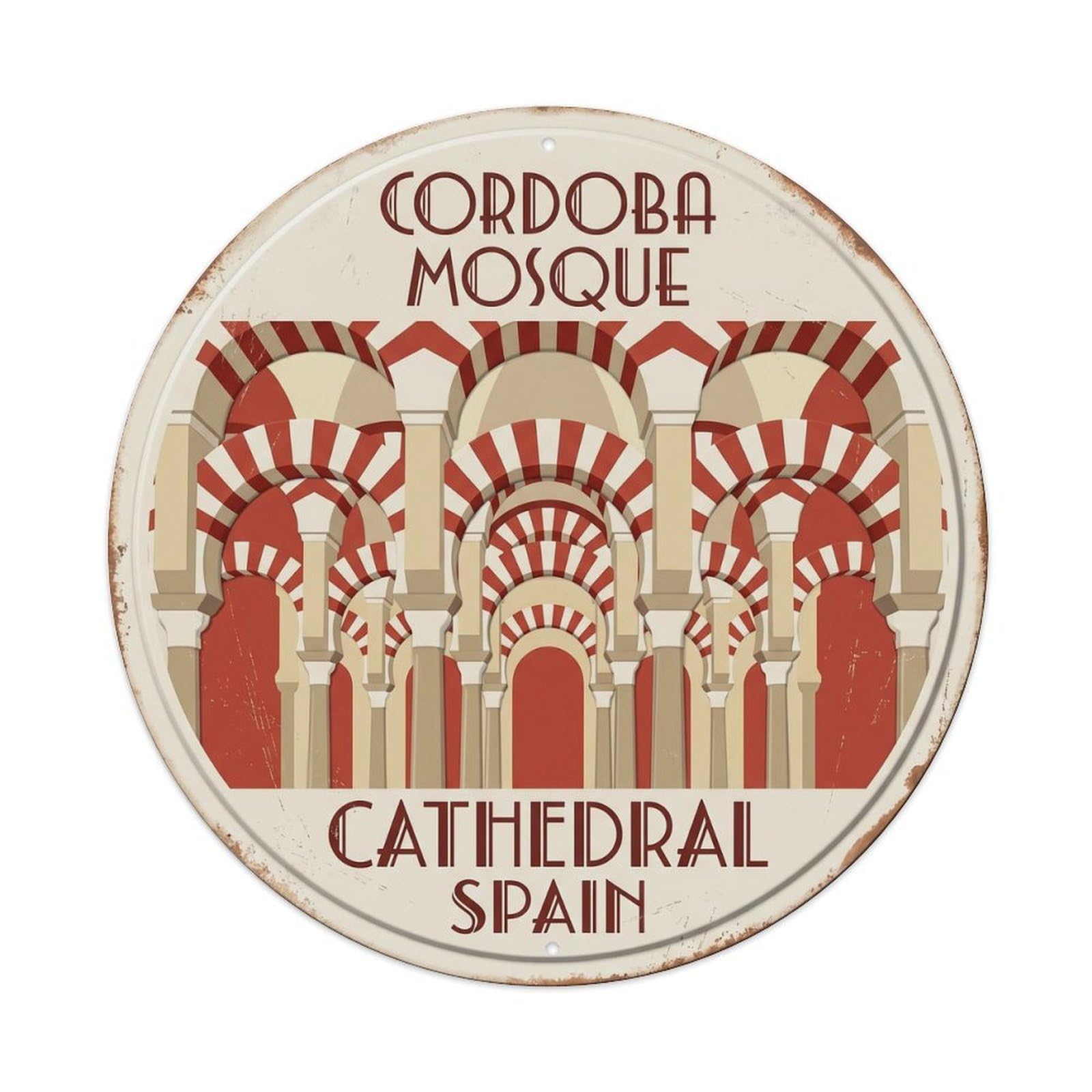 Cordoba Mosque Cathedral Spain Arches Metal Tin Sign Plaque Wall Decor for Cafe, Club, Garden Round Metal Poster 8x8Inch
