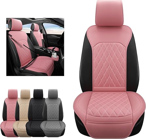 Miniatura 6 de Sanwom Fundas de asiento delantero de automóvil, fundas de asiento de cuero con bolsillo de almacenamiento y dos almohadillas para cinturón, fundas