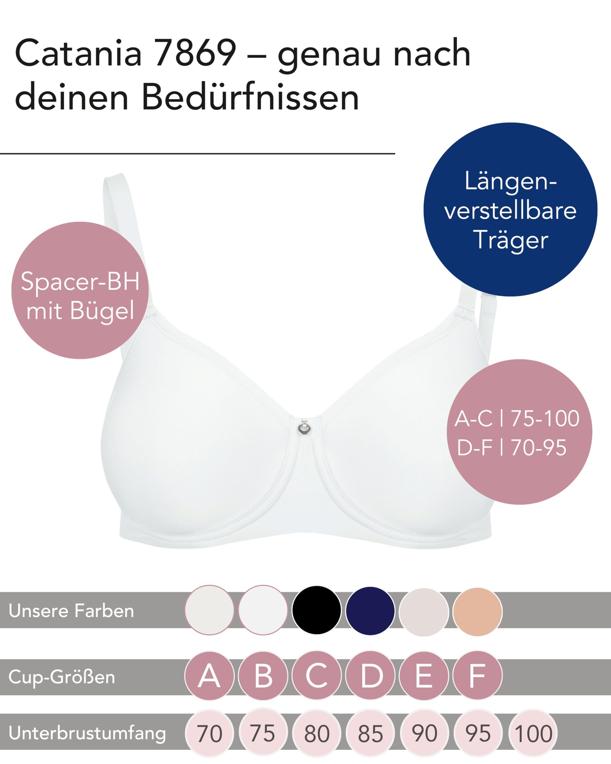 Susa BH Damen mit Bügel - Catania 7869 - Größen A-F - Spacer-BH mit Unterbrustband - Gemoldete Cups mit verstellbaren Trägern - Seamless - Bequemer T-Shirt-BH