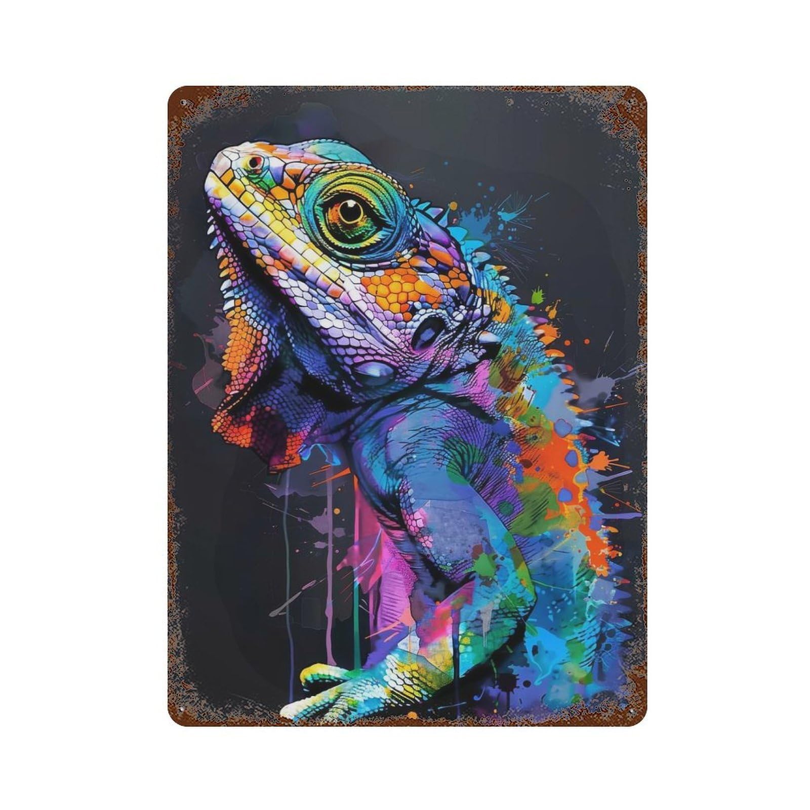 Chameleon Animal Painting Rust Effect Tin Sign 15.7"x11.8", Old School Wall Decor for Farmhouse, Kitchen And Entryway Decor