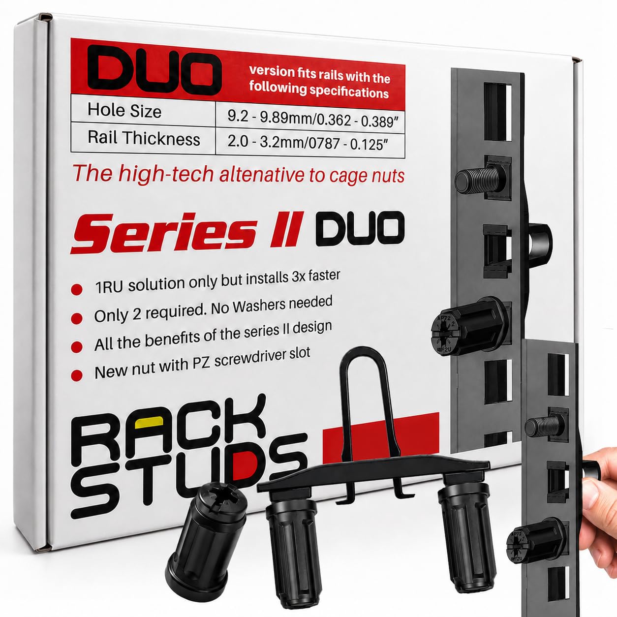 DUO20 1RU Series II Rack Mount Solution - Effortless Alternative to Traditional Rack Screws and Cage Nuts &amp; Server Rack Screws Ideal for Server Hardware Setup - 20-Pack, Universal Version