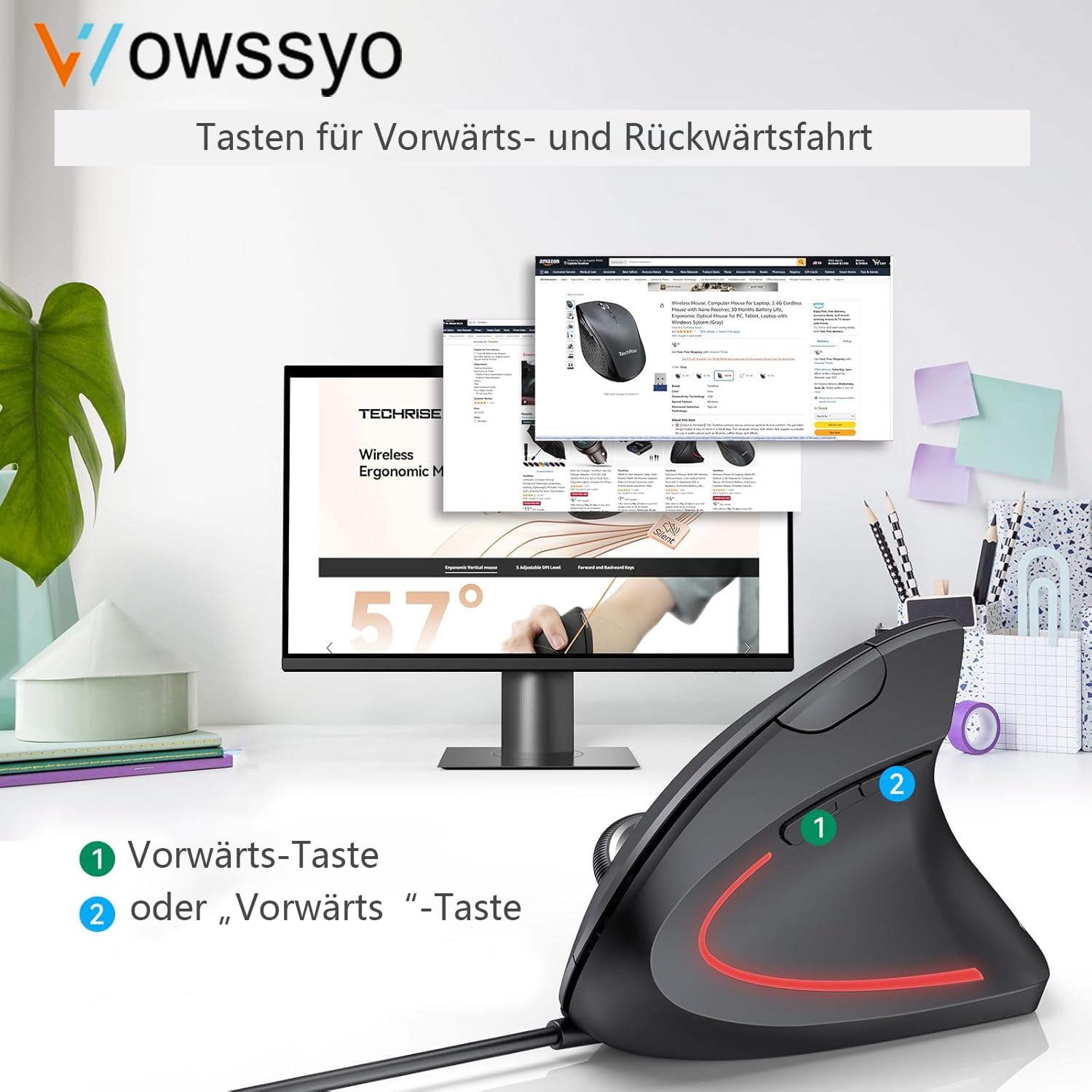 Ergonomiczna Pionowa Mysz Przewodowa, Zapobiega Zespołowi Dłoni Myszkowe/Łokieć Tenisisty (RSI), 1200/1800/2400/3600 DPI, LED, 1,8 m Przewodowa, Mysz Praworęczna dla PC, Laptopa i Maca
