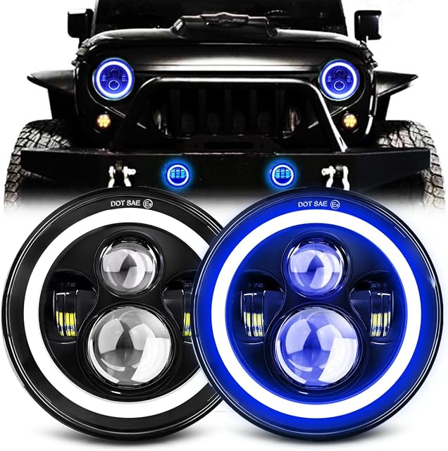 MGLLIGHT 7 Inch LED Headlights with Blue Halo Ring Amber Turn Signal Wrangler Headlights High/Low Sealed Beam Projector Compatible with JK LJ CJ TJ H6024 LED Headlamps, 2PCS Blue